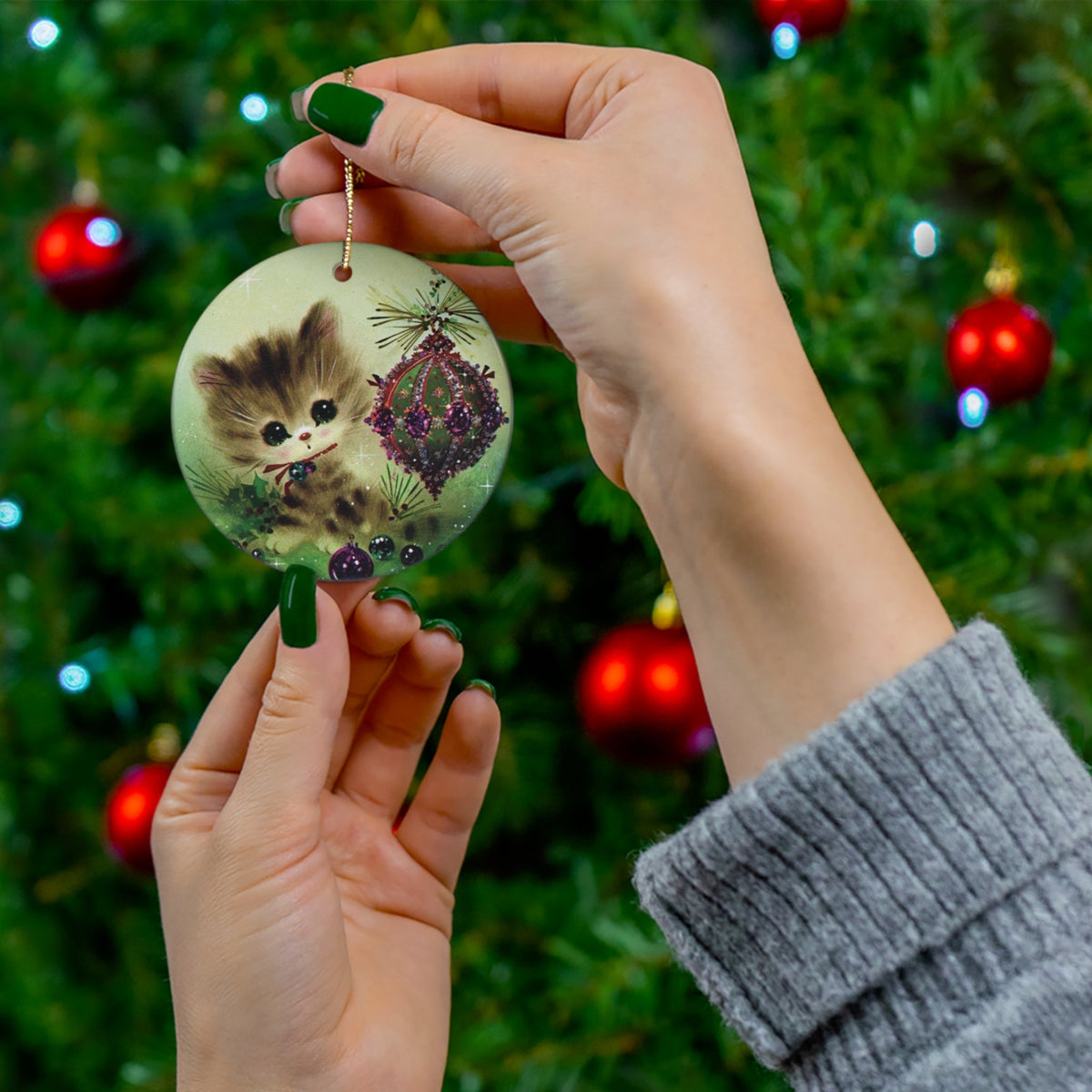 Christmas Kitten With Ornament Retro Christmas Print Ceramic Ornament