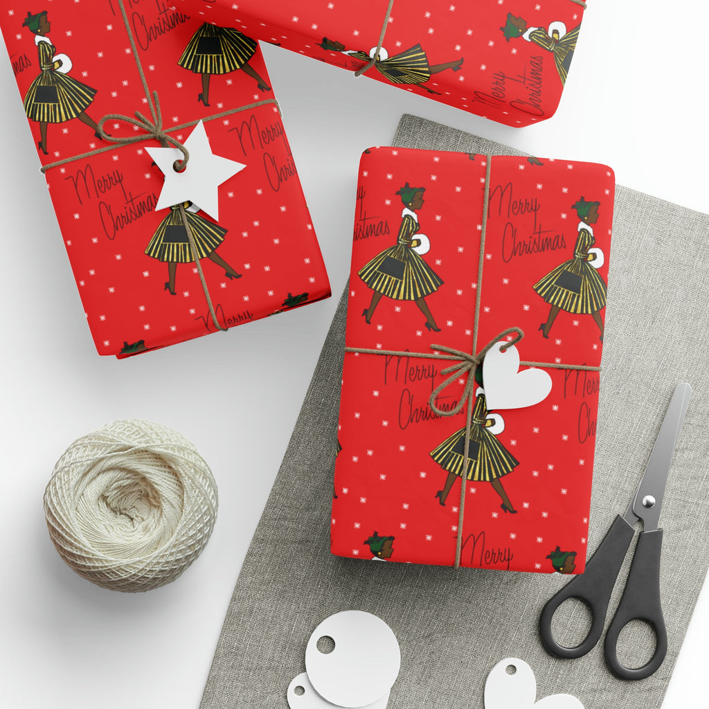 Merry Christmas Lady In Snow Red Mid Century Retro Christmas Print Holiday Gift Wrap Paper - Glossy Or Matte