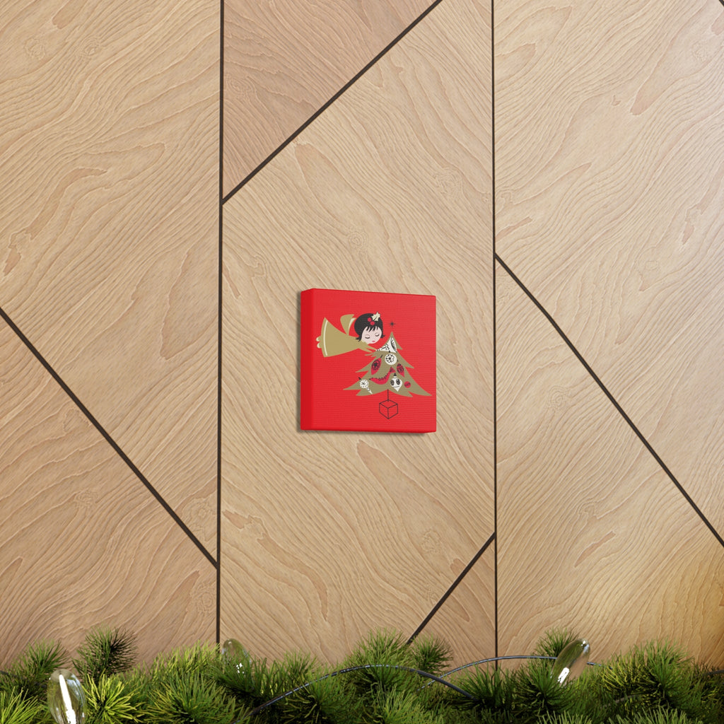 Gold Angel And Christmas Tree Retro Christmas Canvas Gallery Wrap