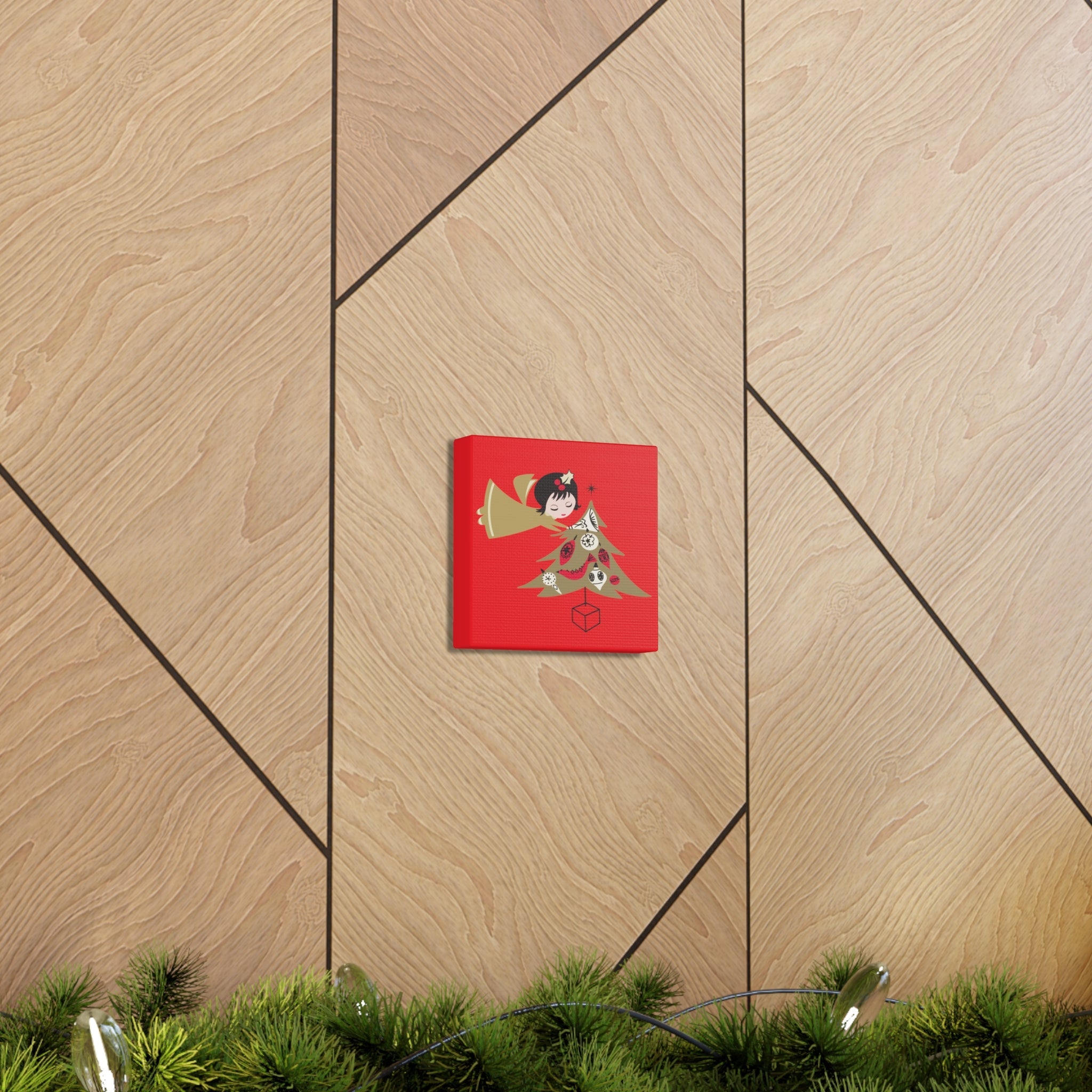 Gold Angel And Christmas Tree Retro Christmas Canvas Gallery Wrap
