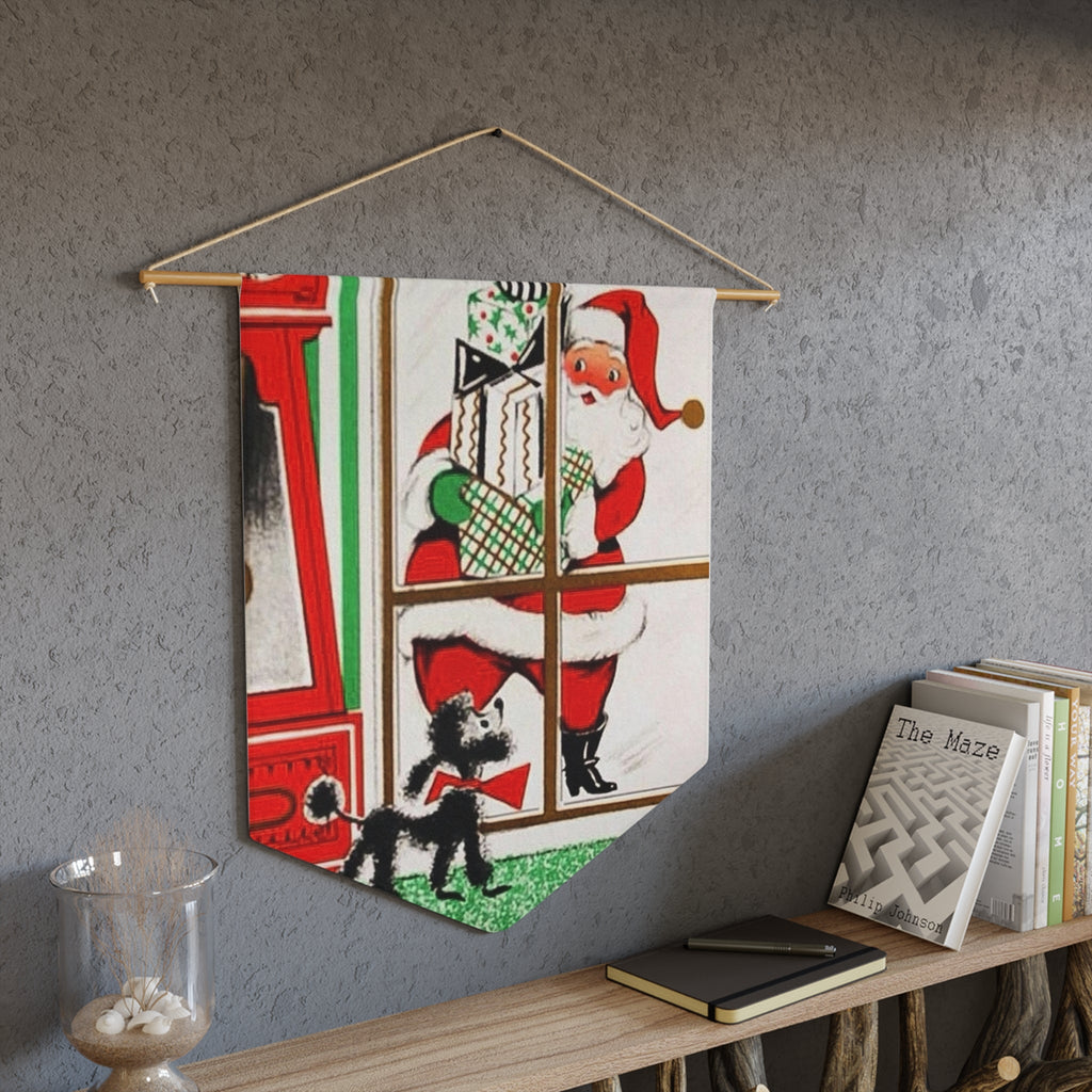 Santa With Presents And Little Black Poodle Retro Christmas Print Wall Hanging Banner Flag