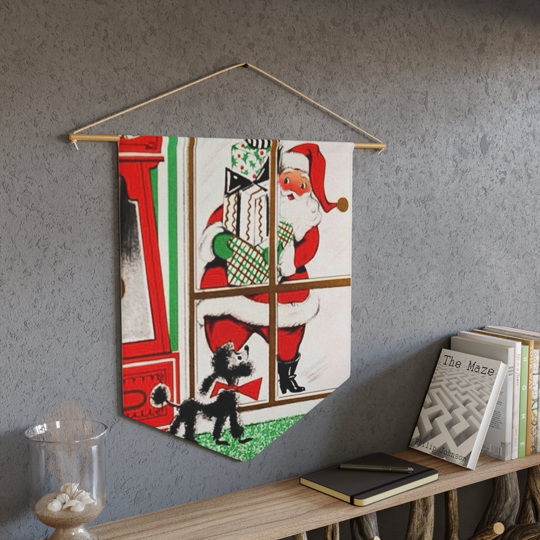 Santa With Presents And Little Black Poodle Retro Christmas Print Wall Hanging Banner Flag