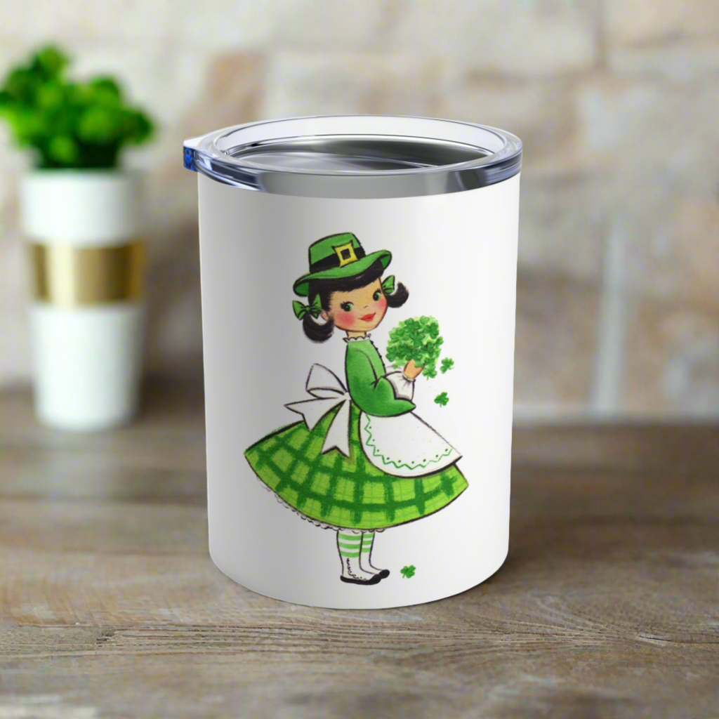 St. Patrick's Day Mug, Retro Mid Century Girl With Four Leaf Clovers St. Patrick's Day Stainless Steel Tumbler 10oz