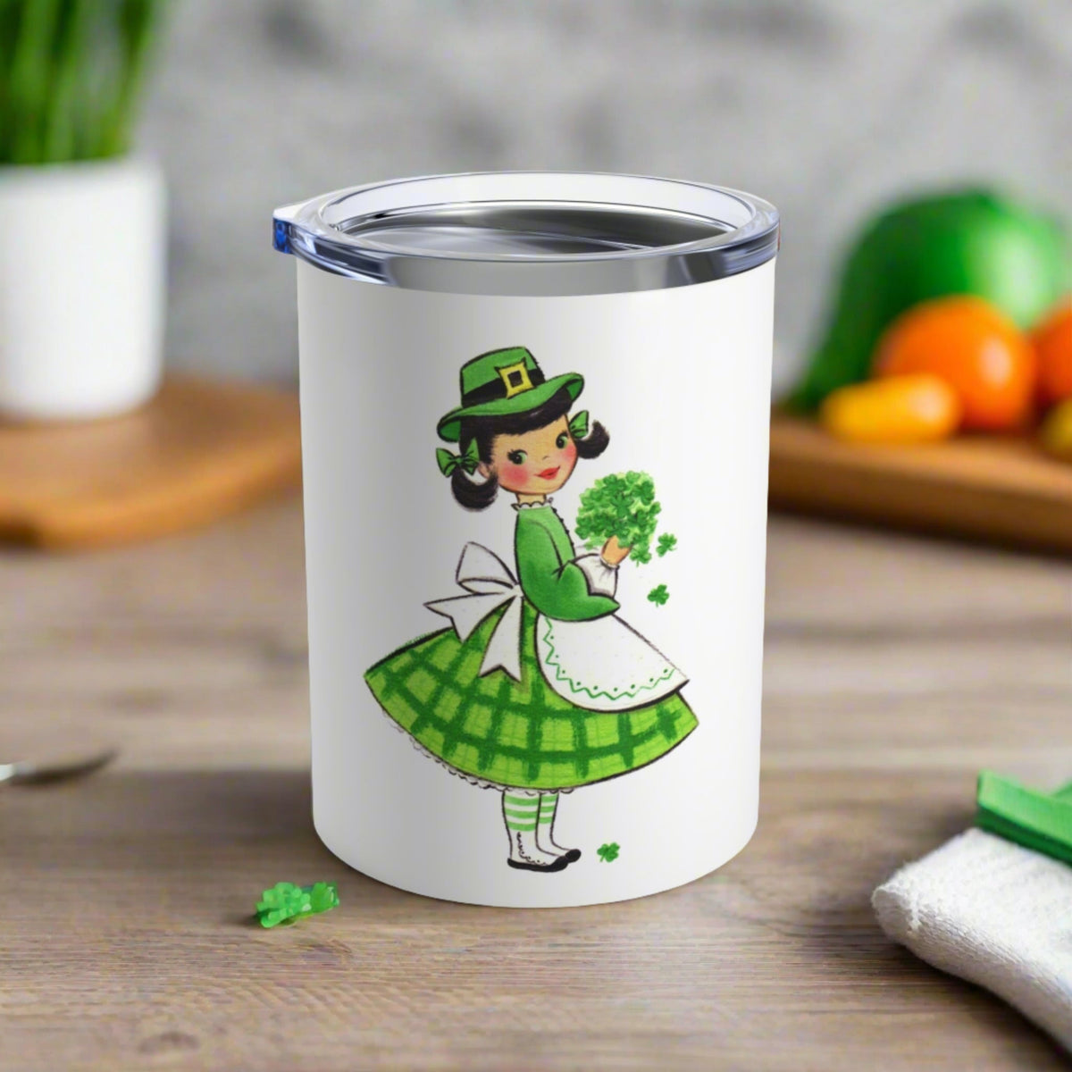 St. Patrick's Day Mug, Retro Mid Century Girl With Four Leaf Clovers St. Patrick's Day Stainless Steel Tumbler 10oz