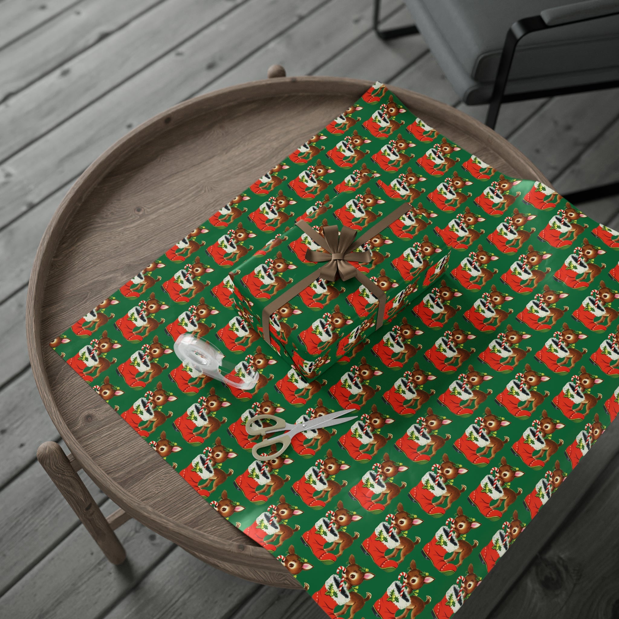 Reindeer With Stocking Mid Century Retro Christmas Print Holiday Gift Wrap Paper - Glossy Or Matte
