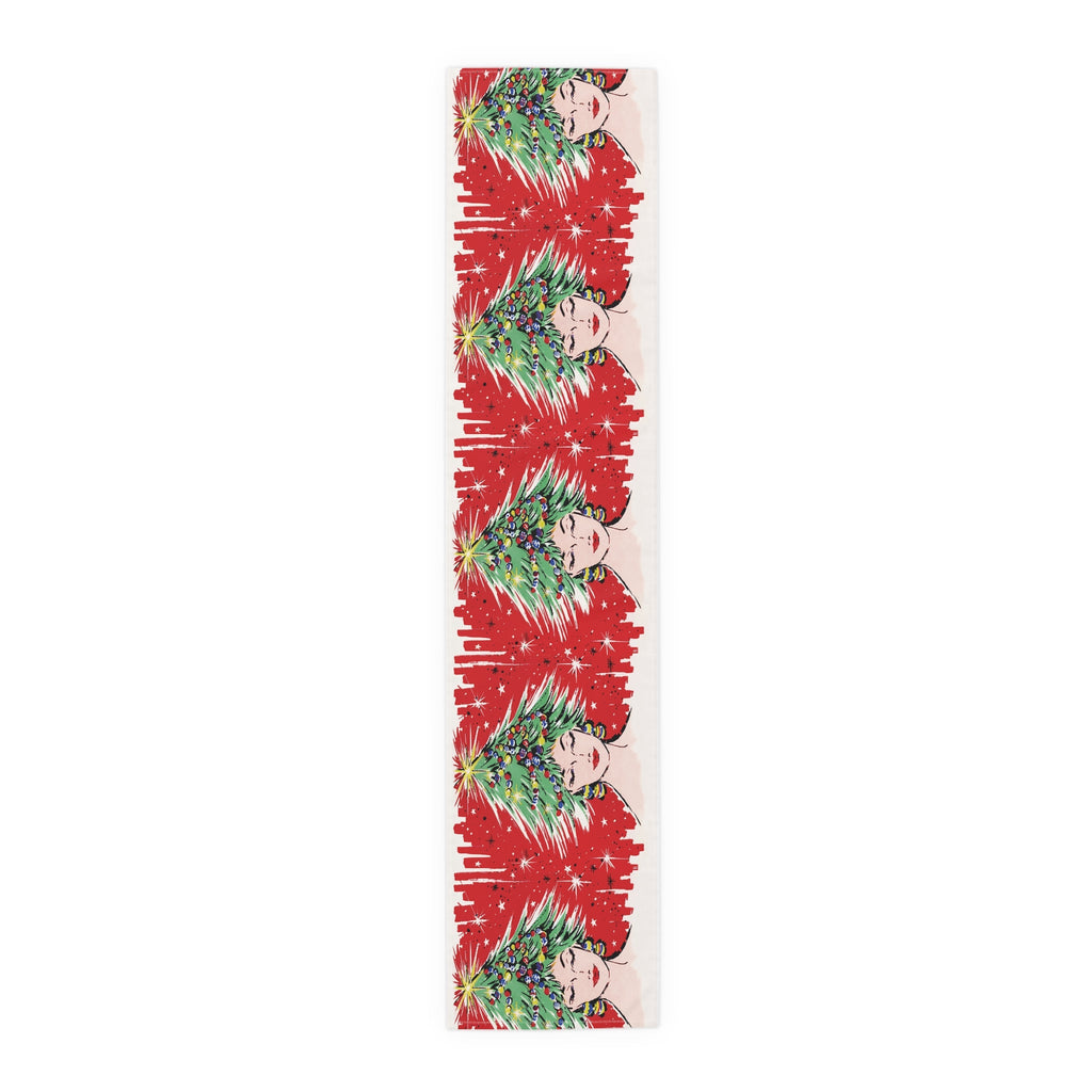 Christmas Tree Hat Lady 50s Mid Century Retro Christmas Print Home Decor Cotton Poly Table Runner
