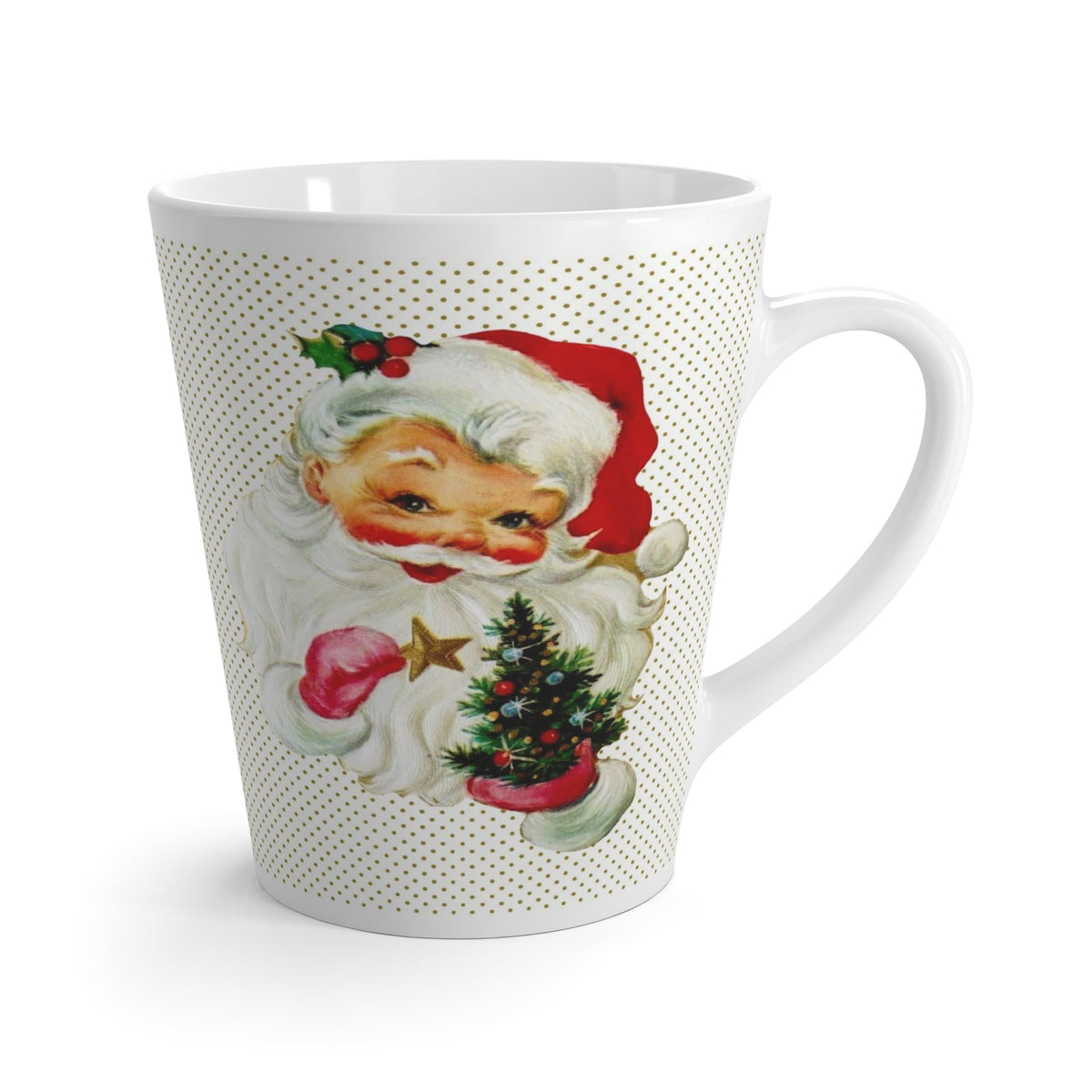 Santa Holding Little Christmas Tree Mid Century Retro Christmas Print Latte Coffee Mug