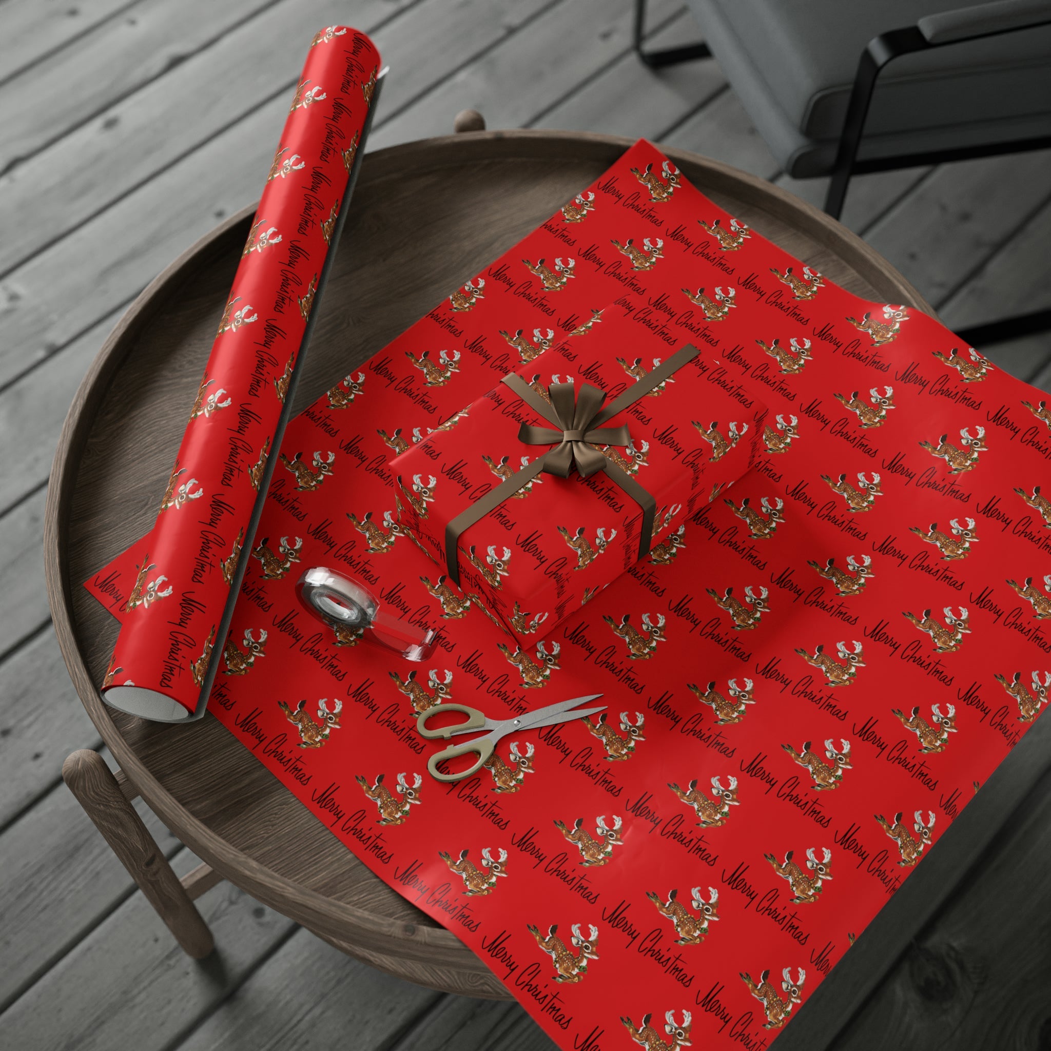 Merry Christmas Leaping Reindeer Red Mid Century Retro Christmas Print Holiday Gift Wrap Paper - Glossy Or Matte