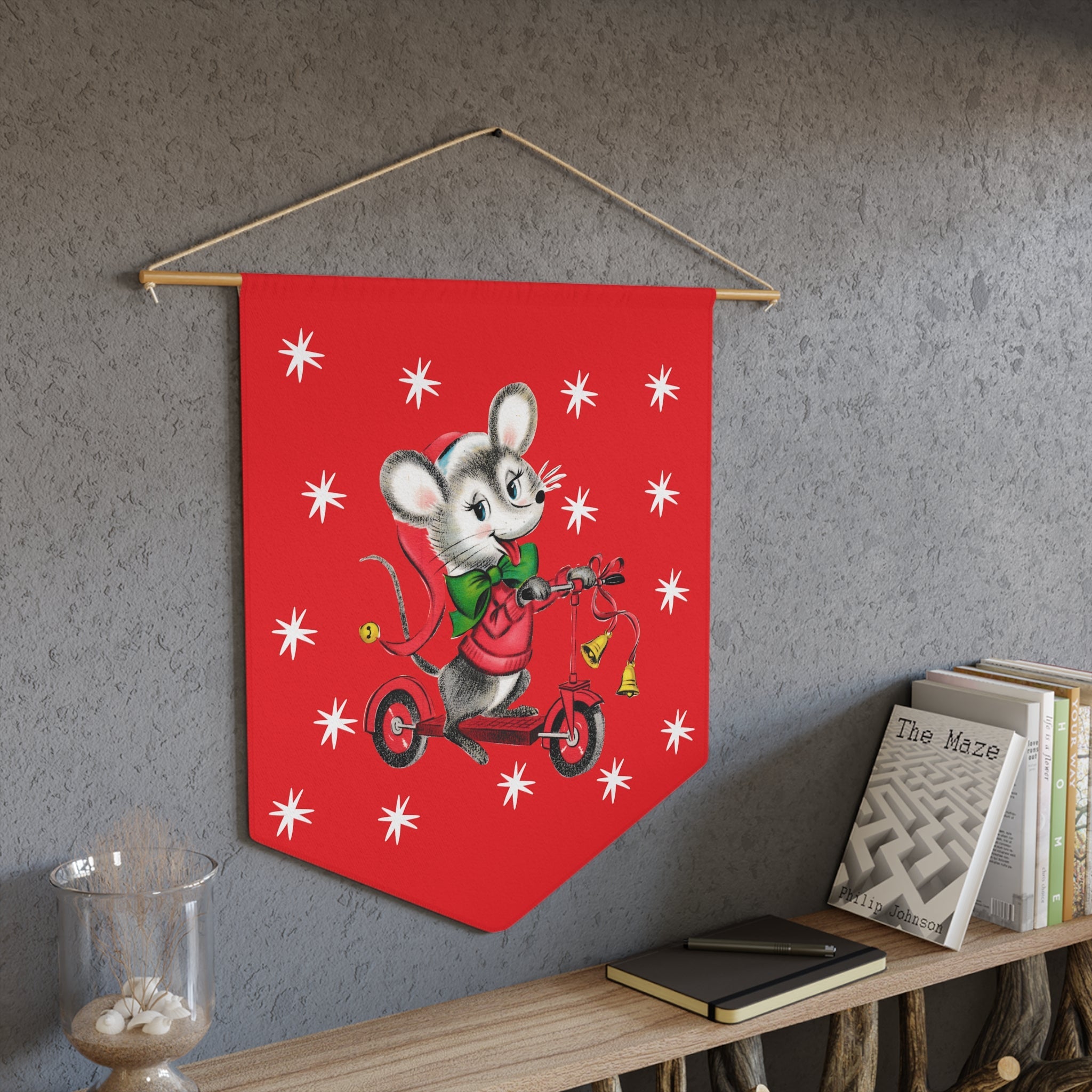 Christmas Mouse On Scooter Stars Red Retro Mid Century Christmas Print Style Decor Print Wall Hanging Banner Flag