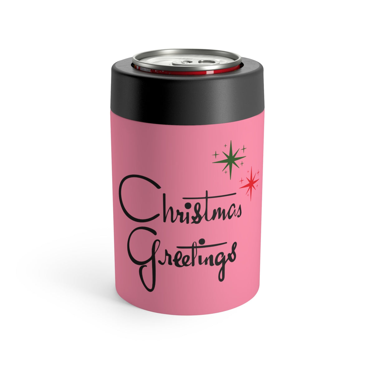 Christmas Greetings Starburst Pink Mid Century Retro Christmas Print Stainless Steel Can Holder