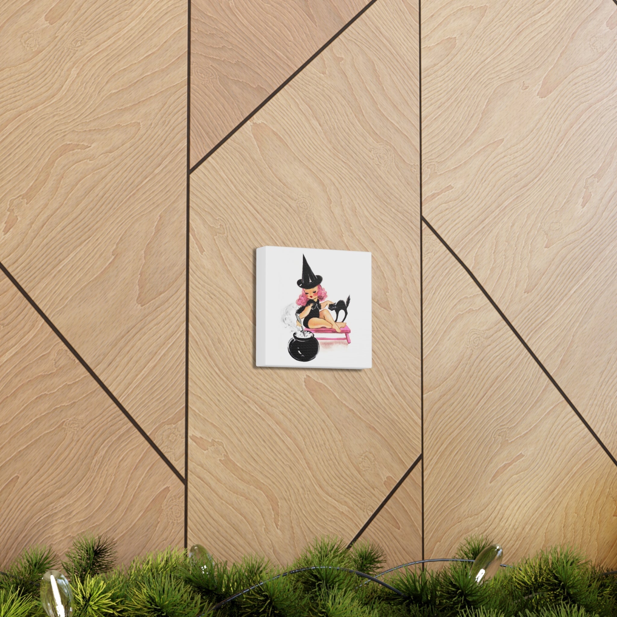 Pink Witch Black Cat Retro Halloween Decor Print Canvas Gallery Wrap