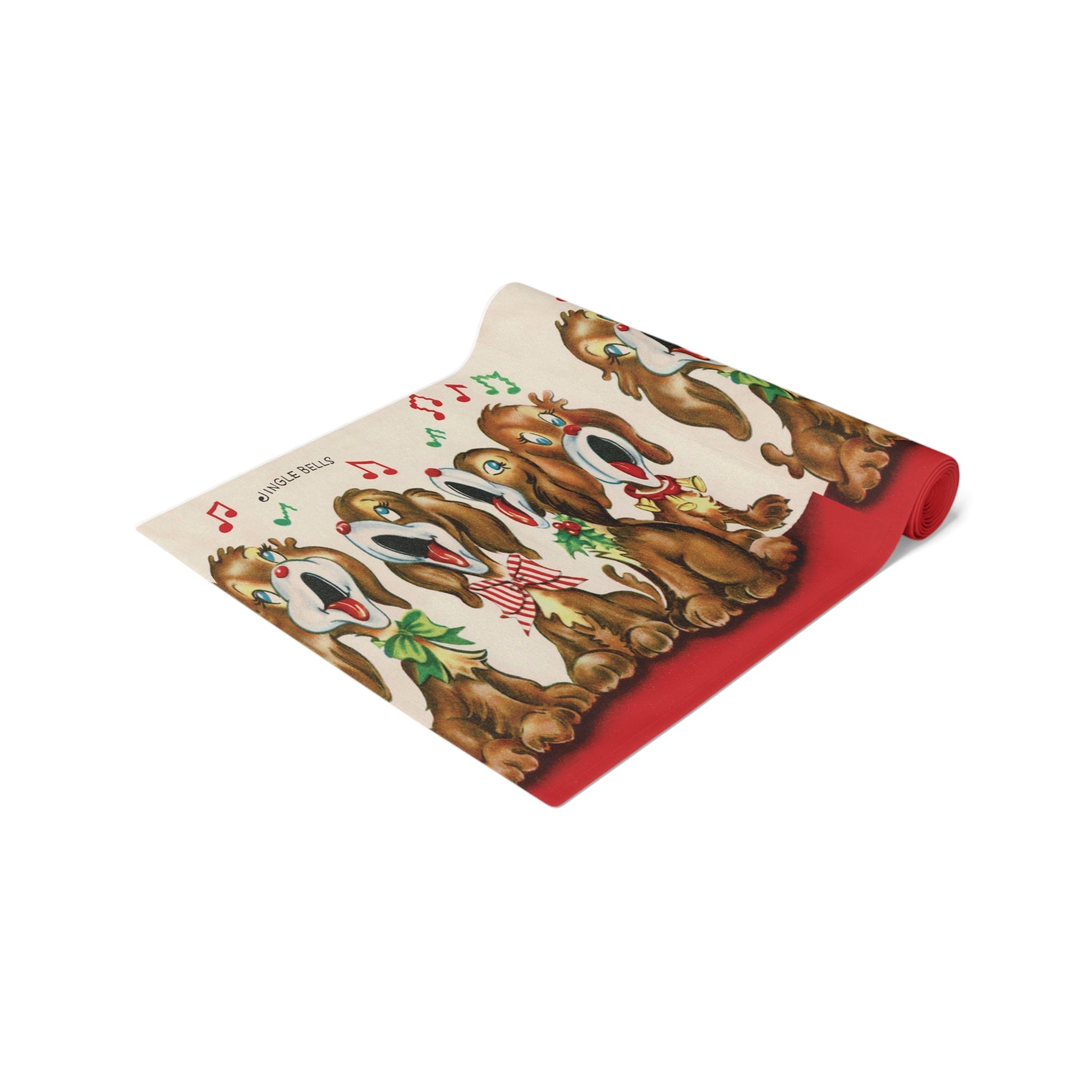 Jingle Bells Christmas Puppies Retro Christmas Print Home Decor Cotton Poly Table Runner