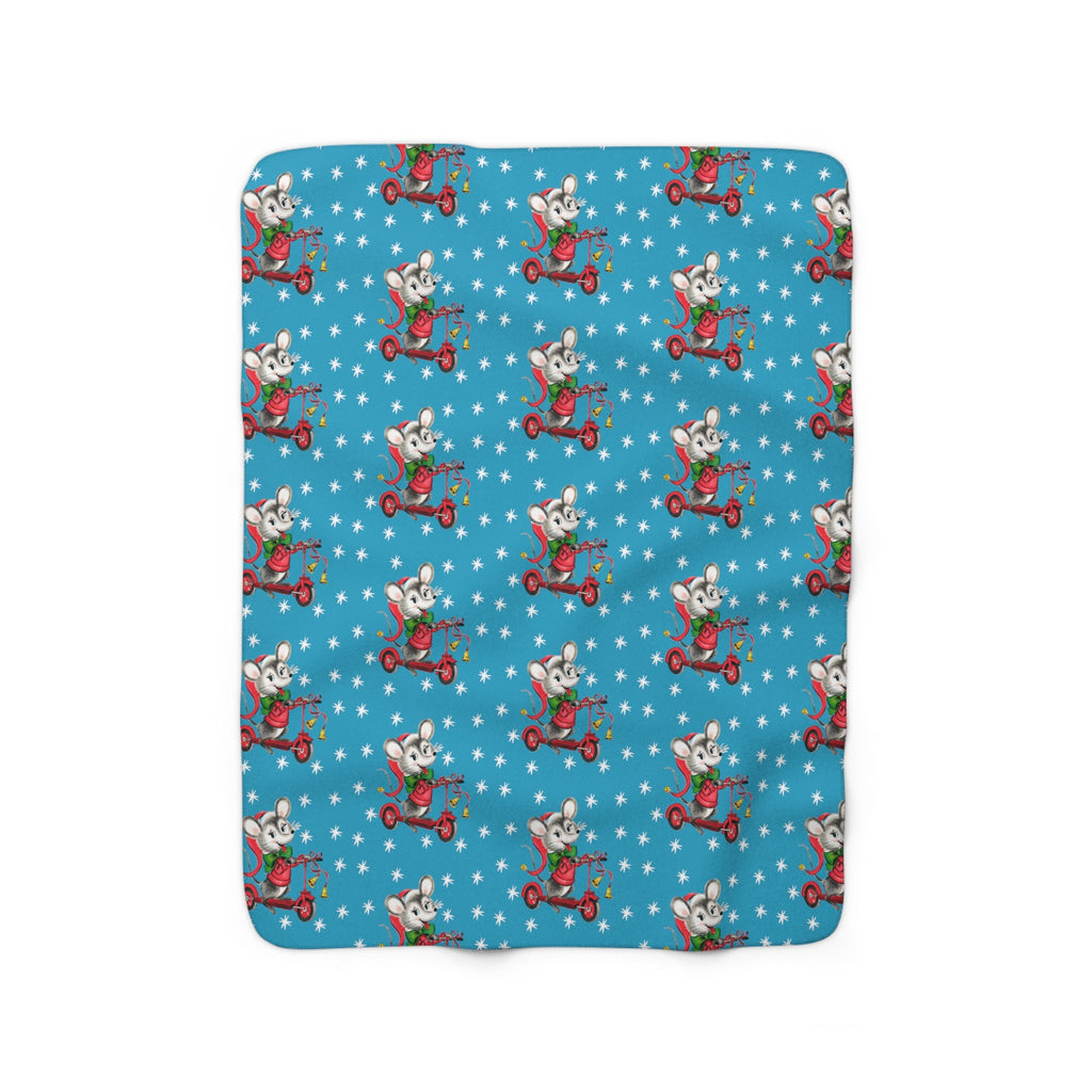 Christmas Mouse On Scooter Stars Blue Mid Century Retro Style Christmas Sherpa Fleece Blanket