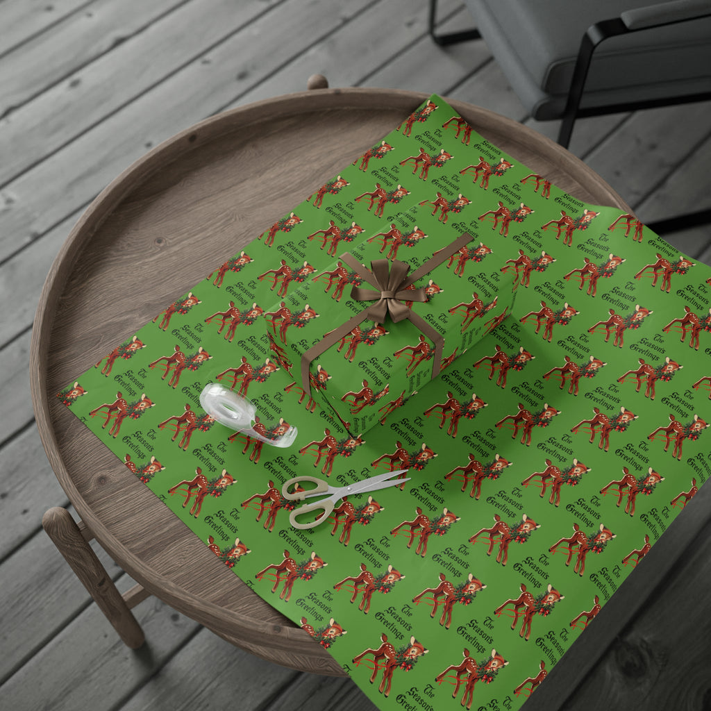 The Season's Greetings Reindeer With Wreath Mid Century Retro Christmas Print Holiday Gift Wrap Paper - Glossy Or Matte