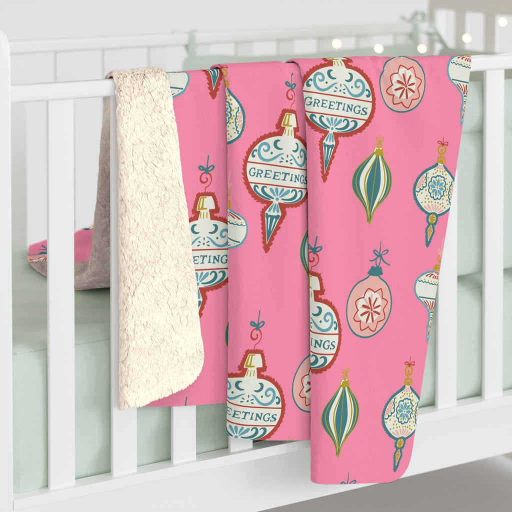 Greetings Christmas Ornaments Retro Style Pink Christmas Print Sherpa Fleece Blanket