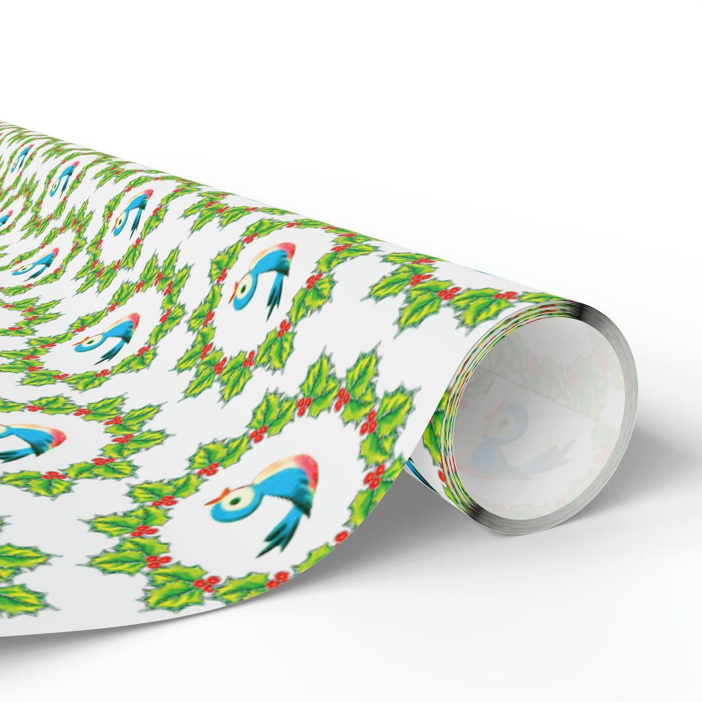 Christmas Bluebirds In Holly Wreath Mid Century Retro Christmas Print Holiday Gift Wrap Paper - Glossy Or Matte