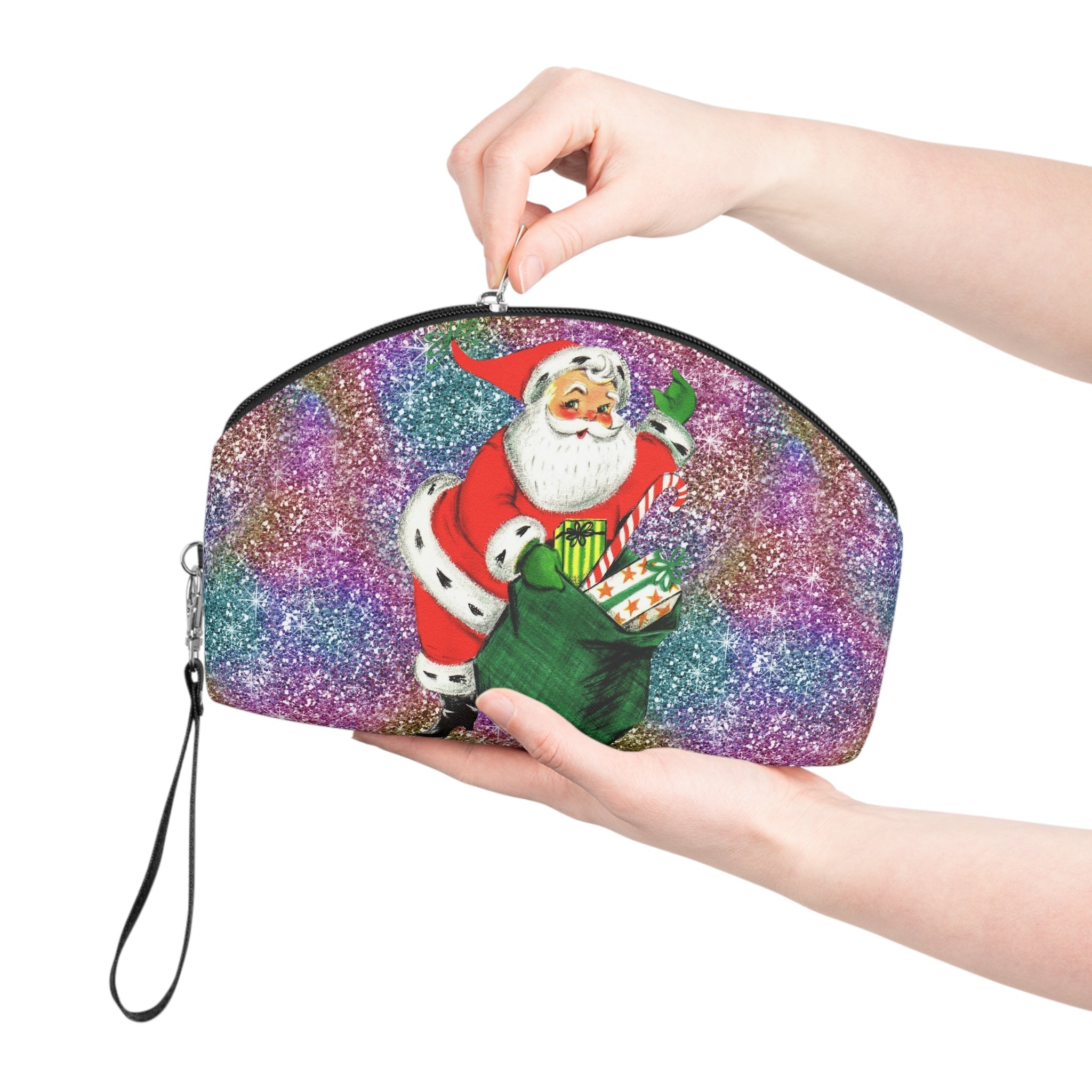 Santa With His Sack Of Presents Glitter Background Mid Century Retro Christmas Print Cosmetic Travel Makeup Bag