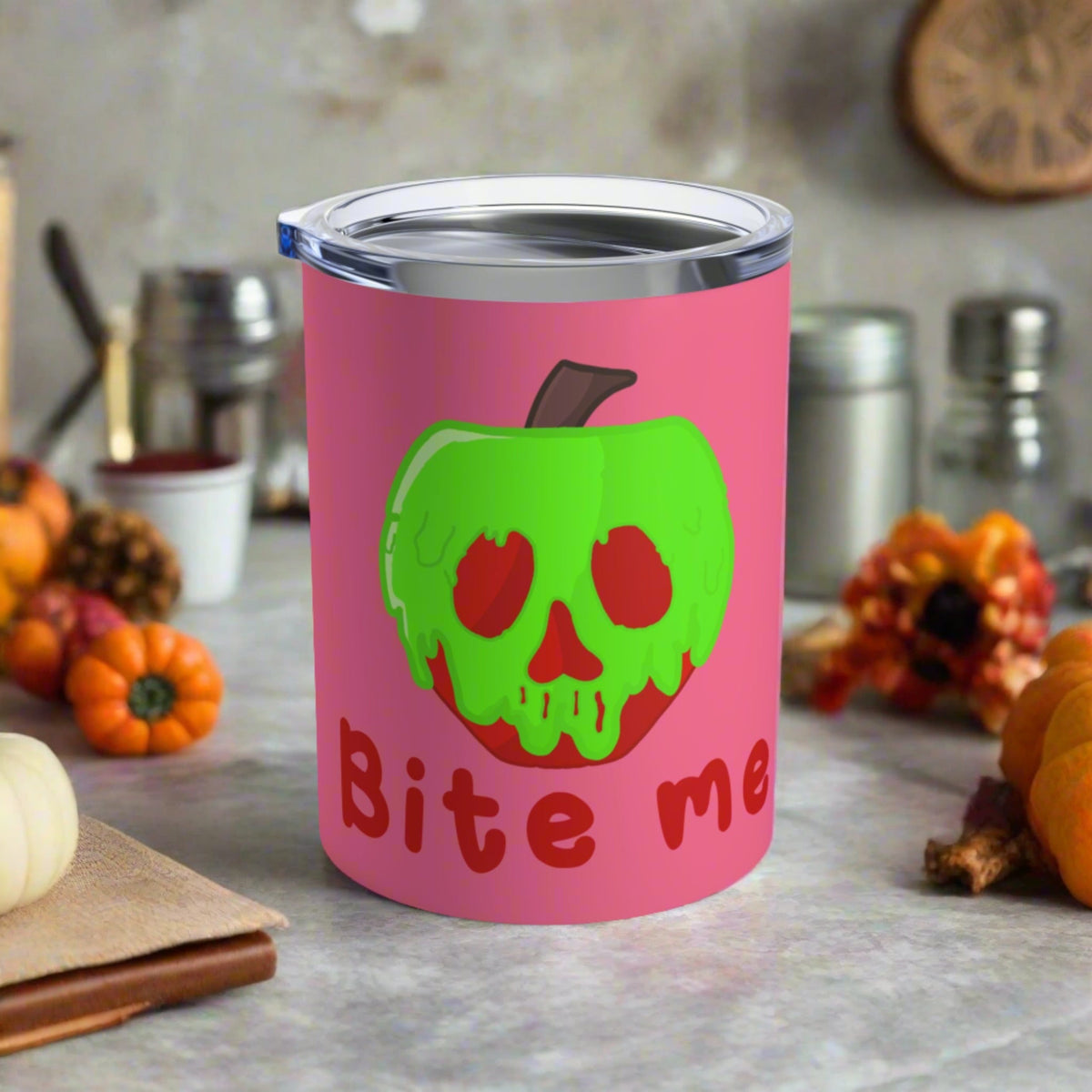 Bite Me Snow White Evil Queen Poison Apple Pink Halloween Stainless Steel Tumbler 10oz