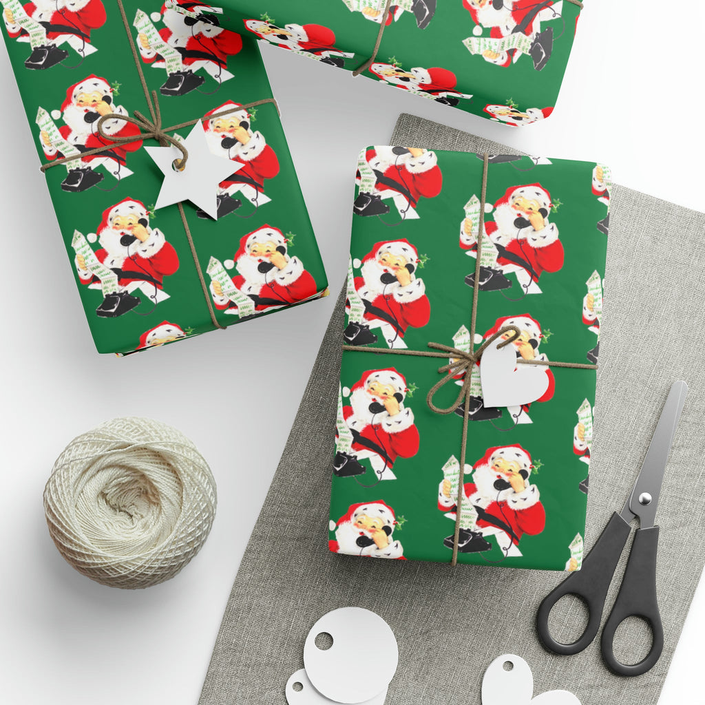 Santa Checking His List On Telephone Green Mid Century Retro Christmas Print Holiday Gift Wrap Paper - Glossy Or Matte