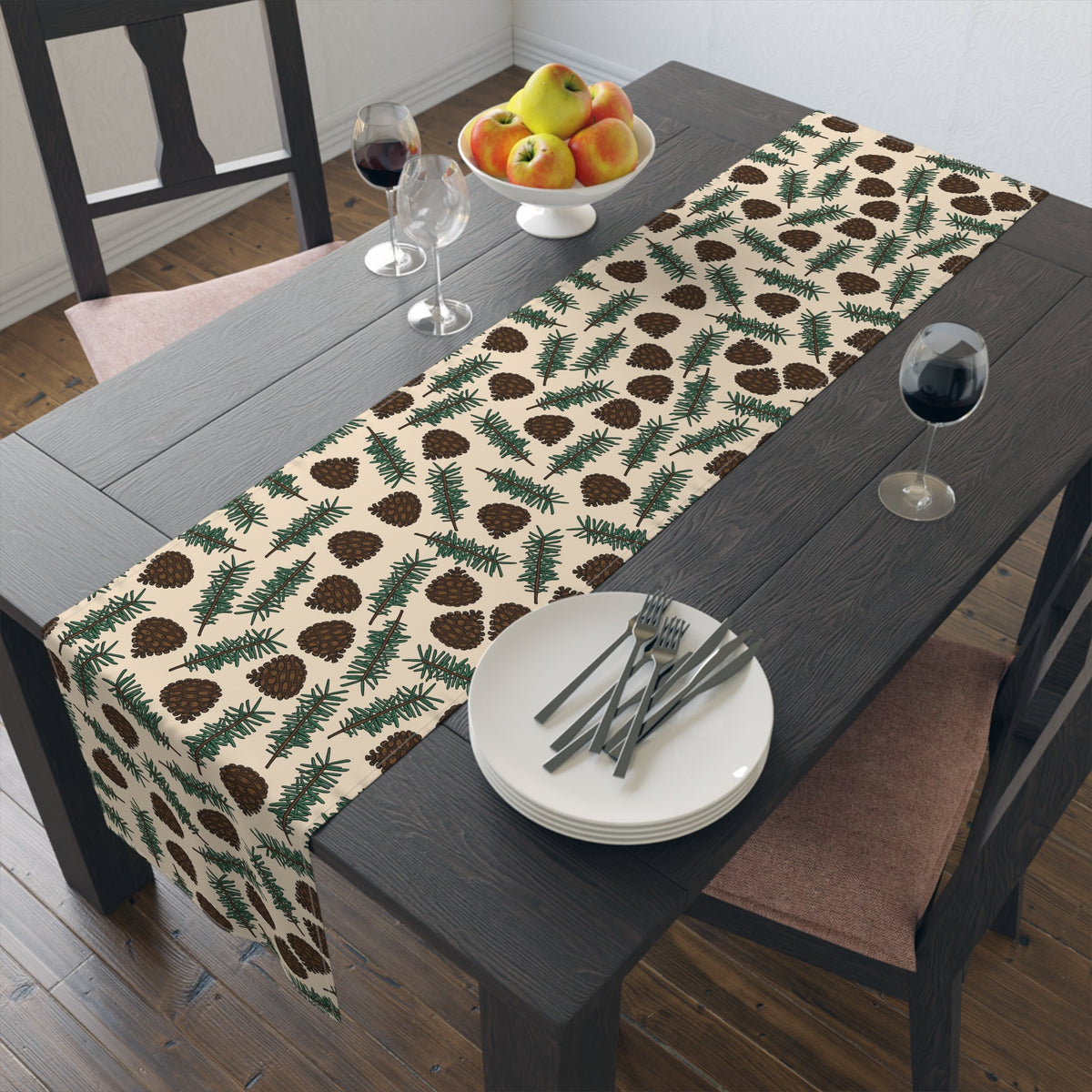 Pinecones With Sprigs Of Pine Cute Winter Christmas Print Home Decor Cotton Poly Table Runner