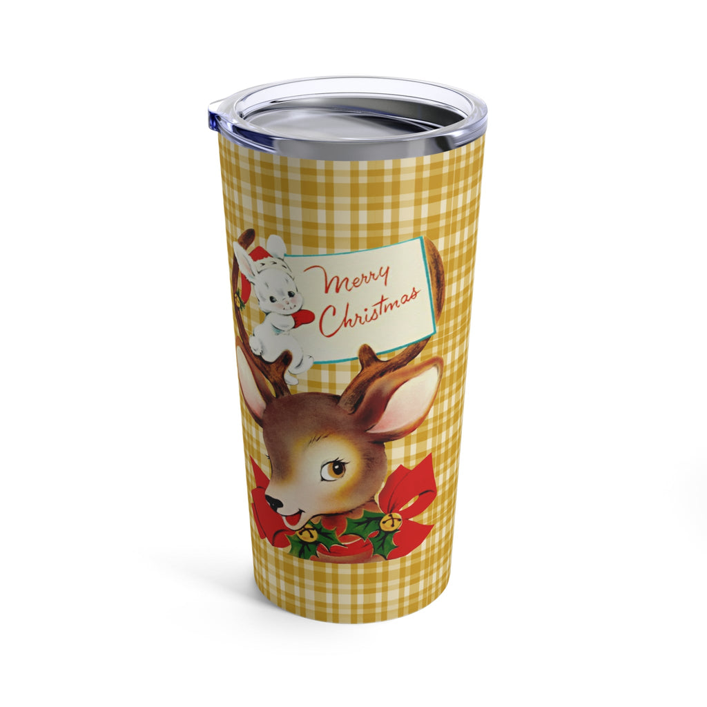 Merry Christmas Reindeer Bunny Yellow Plaid Retro Mid Century Christmas Style Stainless Steel Tumbler 20oz