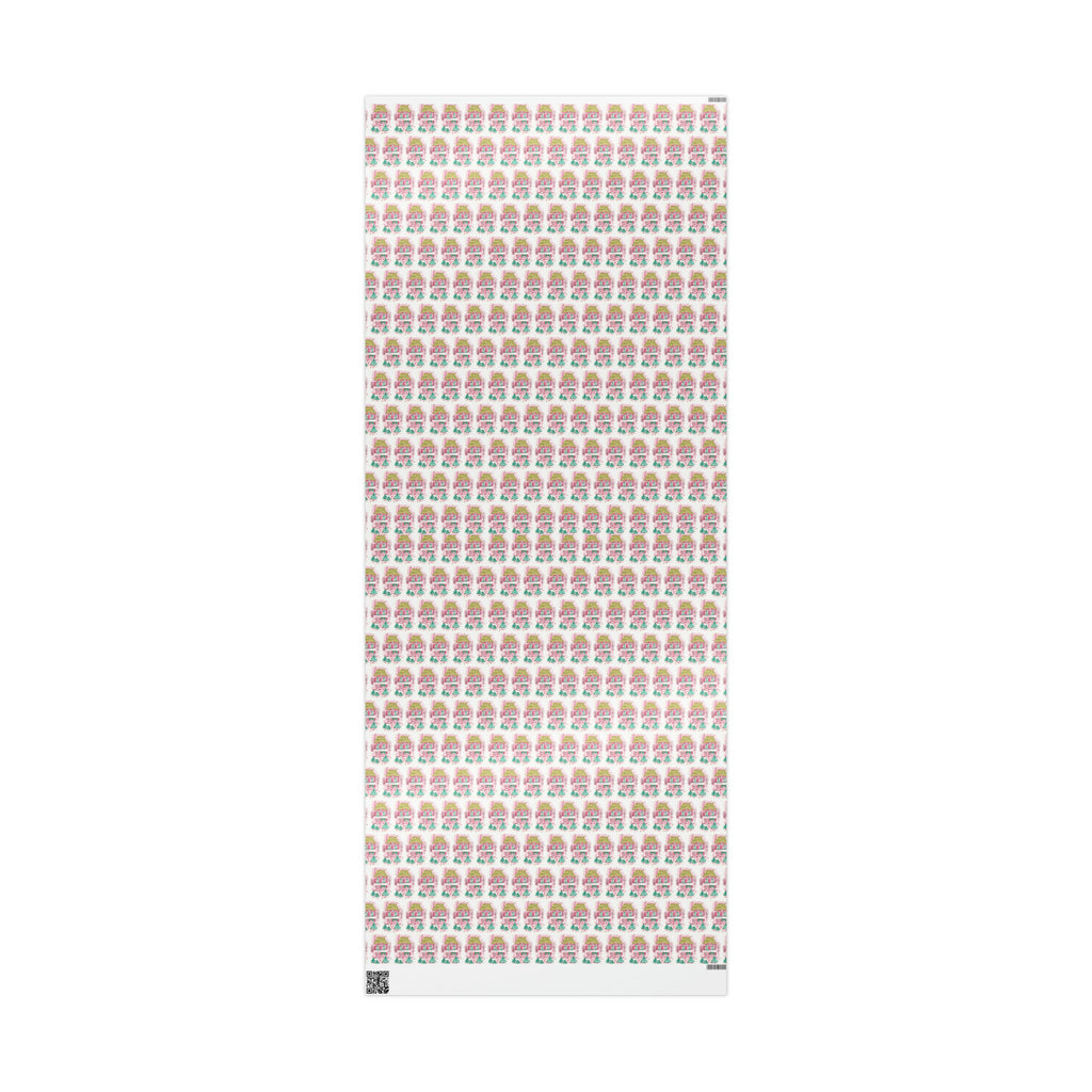 Pink Christmas House Mid Century Retro Christmas Print Holiday Gift Wrap Paper - Glossy Or Matte