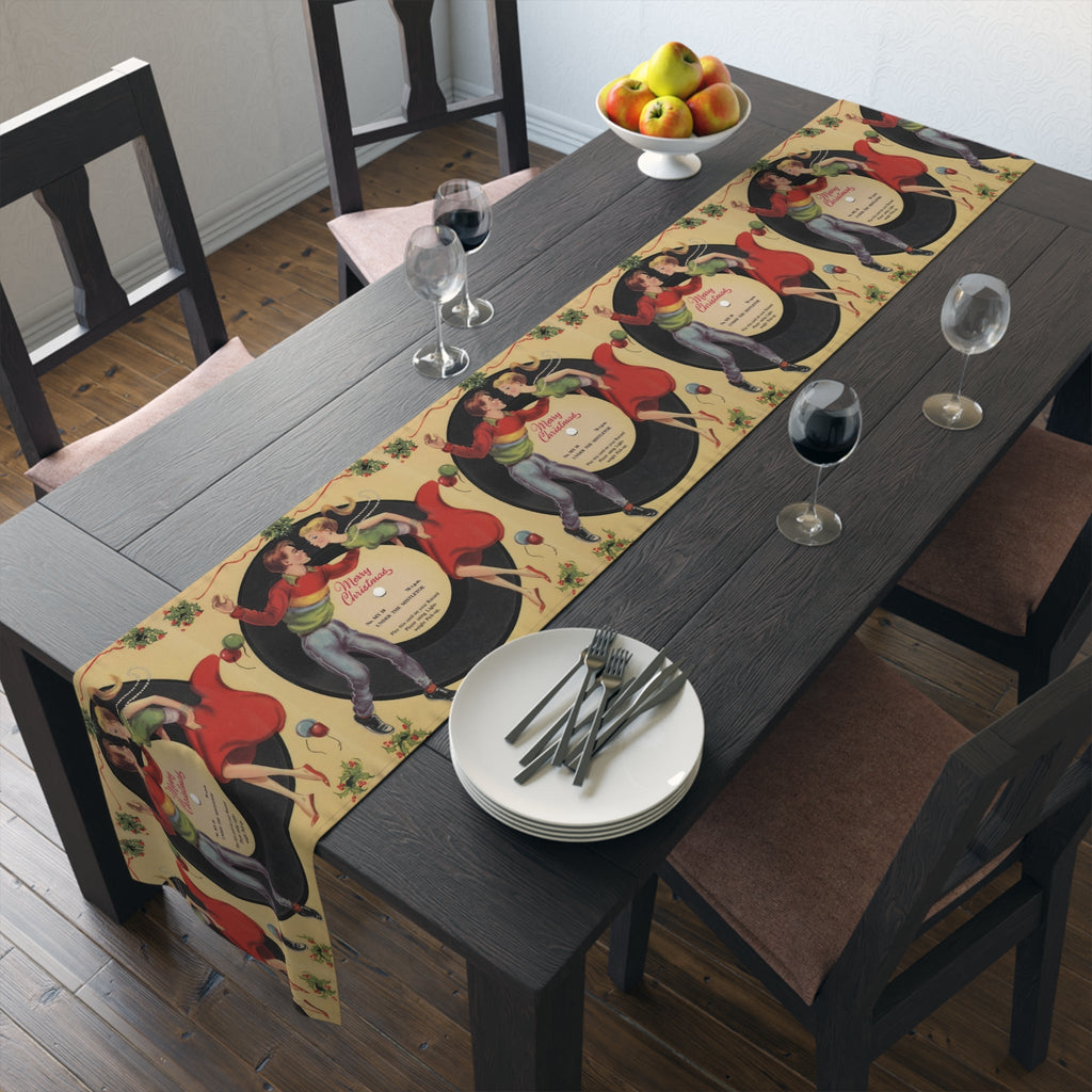 Under The Mistletoe Merry Christmas Table Runner Dancing Couple Record Retro Unique Cozy Cute Holiday Home Decor Polyester Holiday Fabric