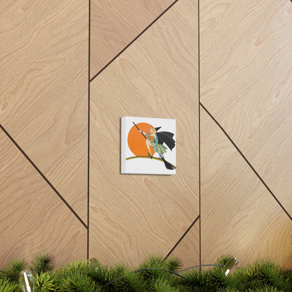 Flapper Witch On Broom Orange Moon Retro Halloween Decor Print Canvas Gallery Wrap
