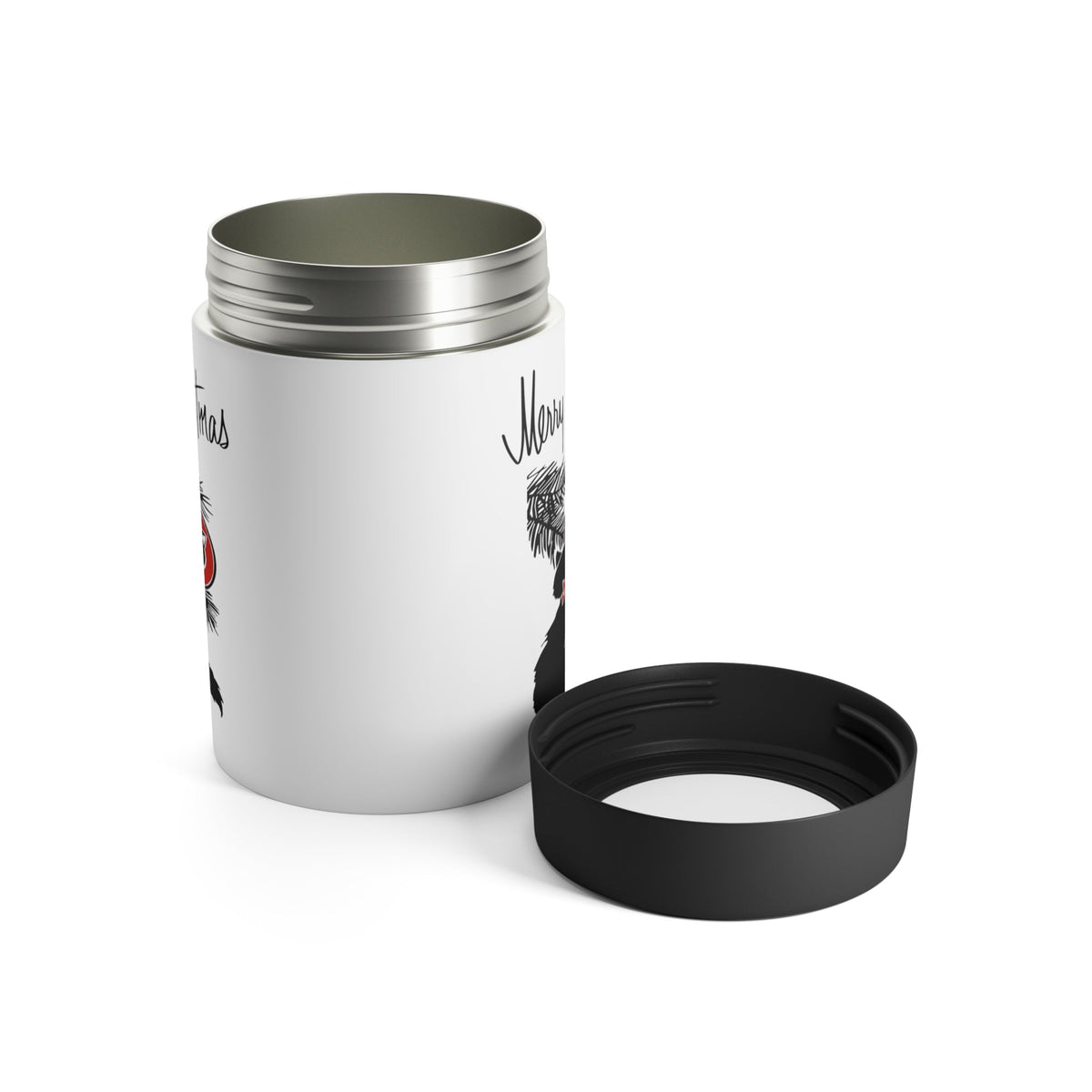 Merry Christmas Black Cat Ornament Mid Century Retro Christmas Print Stainless Steel Can Holder