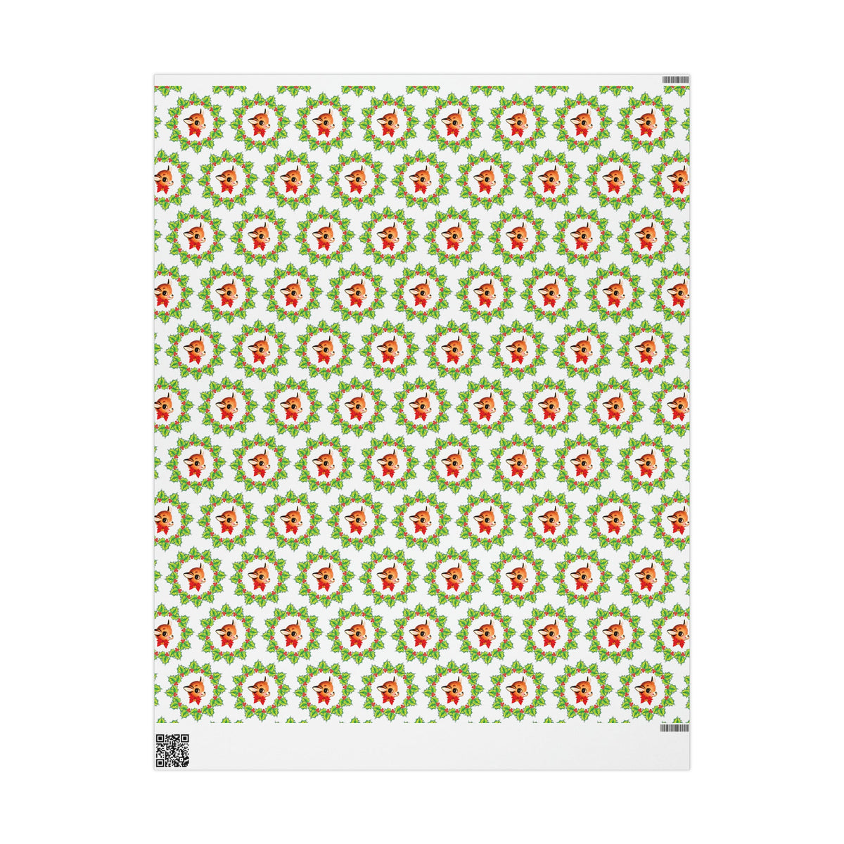 Reindeer With Bow In Holly Wreath Mid Century Retro Christmas Print Holiday Gift Wrap Paper - Glossy Or Matte