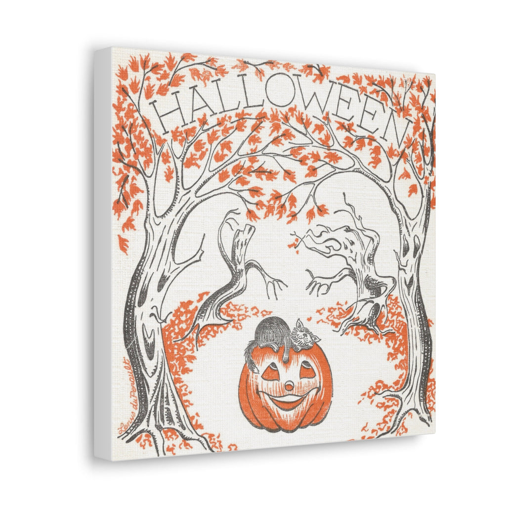 Halloween Trees Black Cat Jack O Lantern Retro Halloween Decor Print Canvas Gallery Wrap