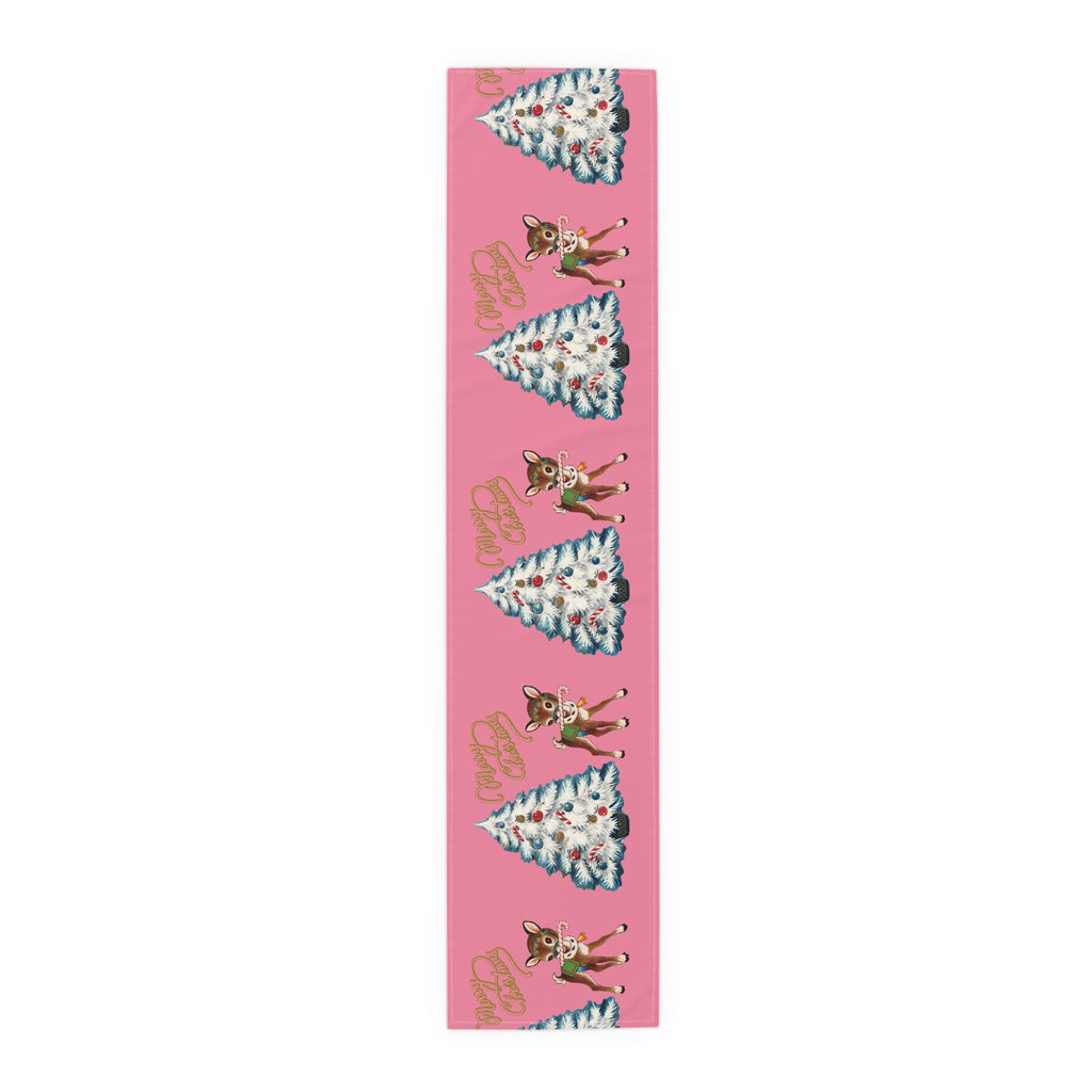 Merry Christmas Tree And Reindeer Pink Retro Christmas Print Home Decor Cotton Poly Table Runner