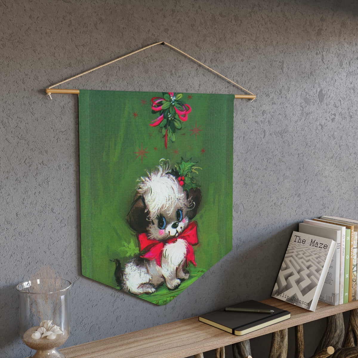 Christmas Puppy Under Mistletoe Mod Retro Christmas Print Wall Hanging Banner Flag