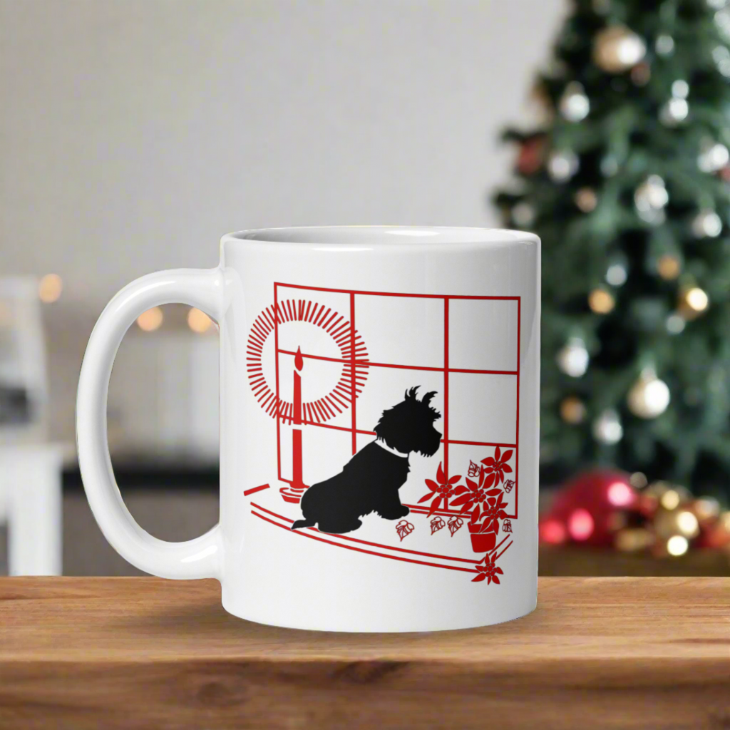 Black Scottie Dog At Window With Poinsettias And Candle Retro Vintage Print Ceramic Glossy Christmas Coffee Mug