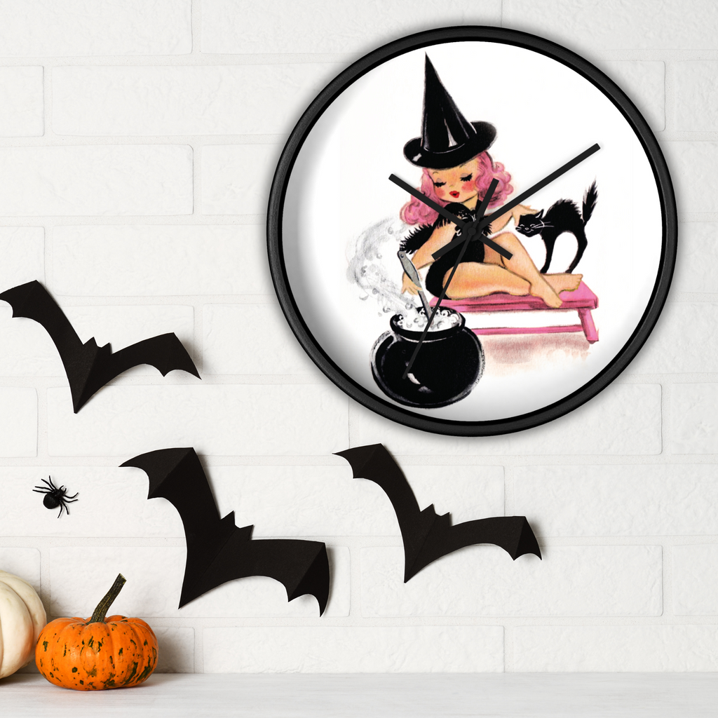 Pink Witch Black Cat Retro Halloween Fall Print Decor Wooden Wall Clock