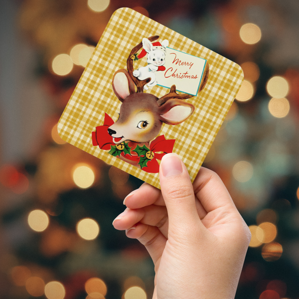 Merry Christmas Reindeer And Bunny Yellow Plaid Mid Century Retro Christmas Print Cork-back Coaster