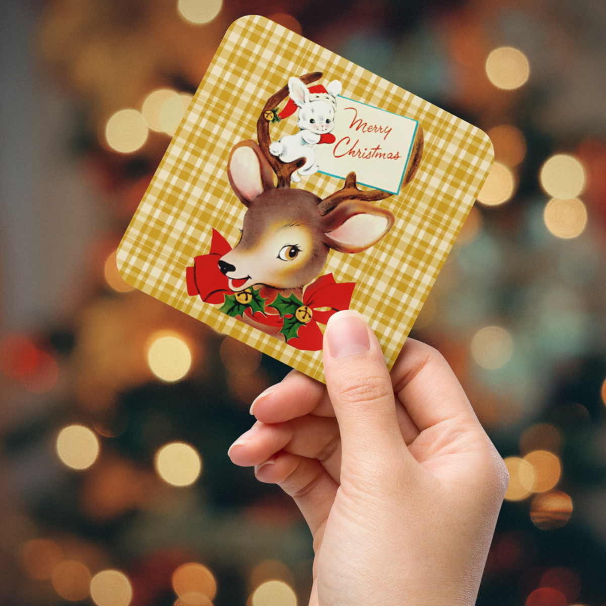 Merry Christmas Reindeer And Bunny Yellow Plaid Mid Century Retro Christmas Print Cork-back Coaster