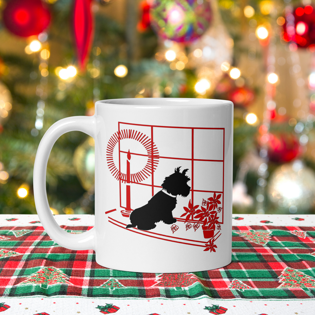 Black Scottie Dog At Window With Poinsettias And Candle Retro Vintage Print Ceramic Glossy Christmas Coffee Mug