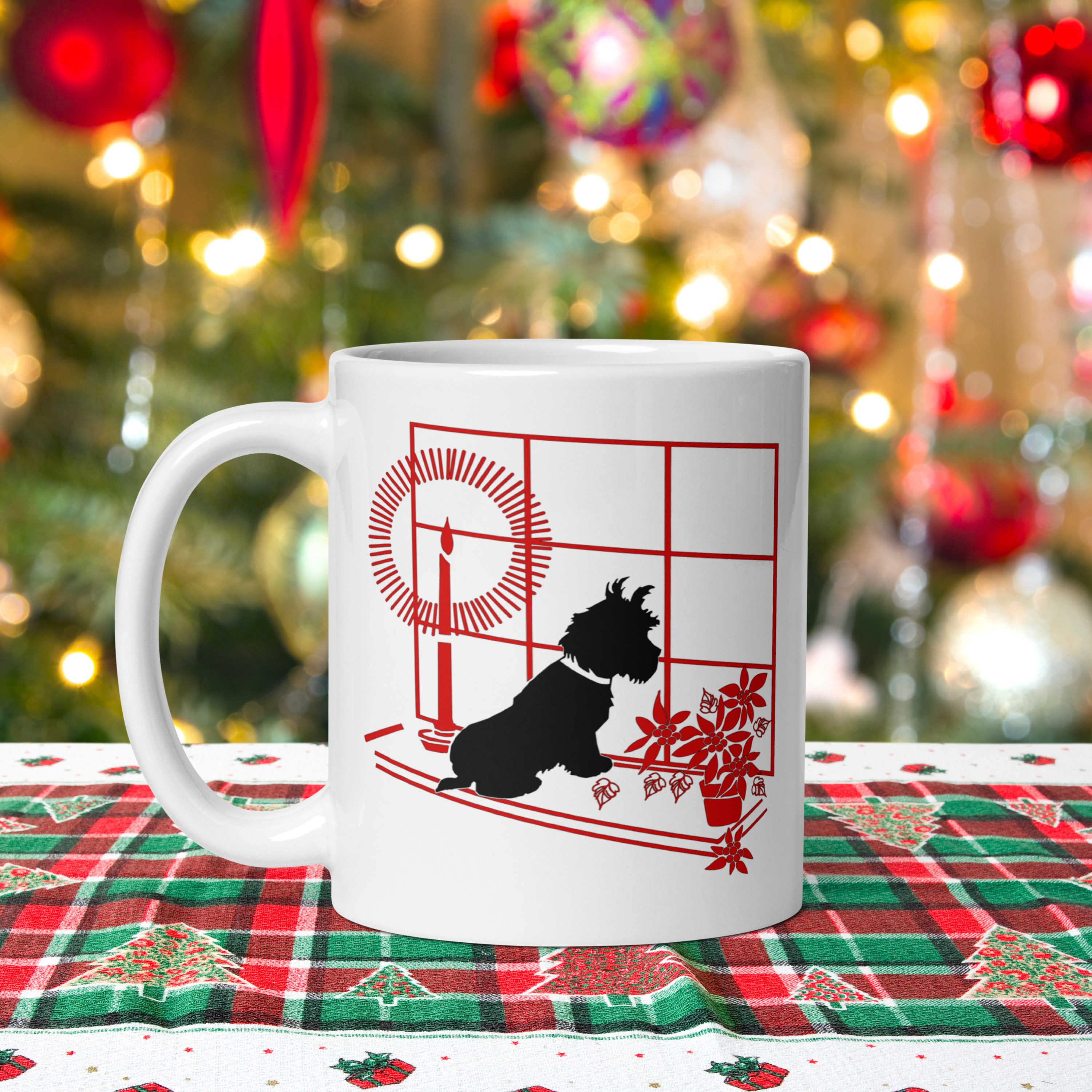 Black Scottie Dog At Window With Poinsettias And Candle Retro Vintage Print Ceramic Glossy Christmas Coffee Mug