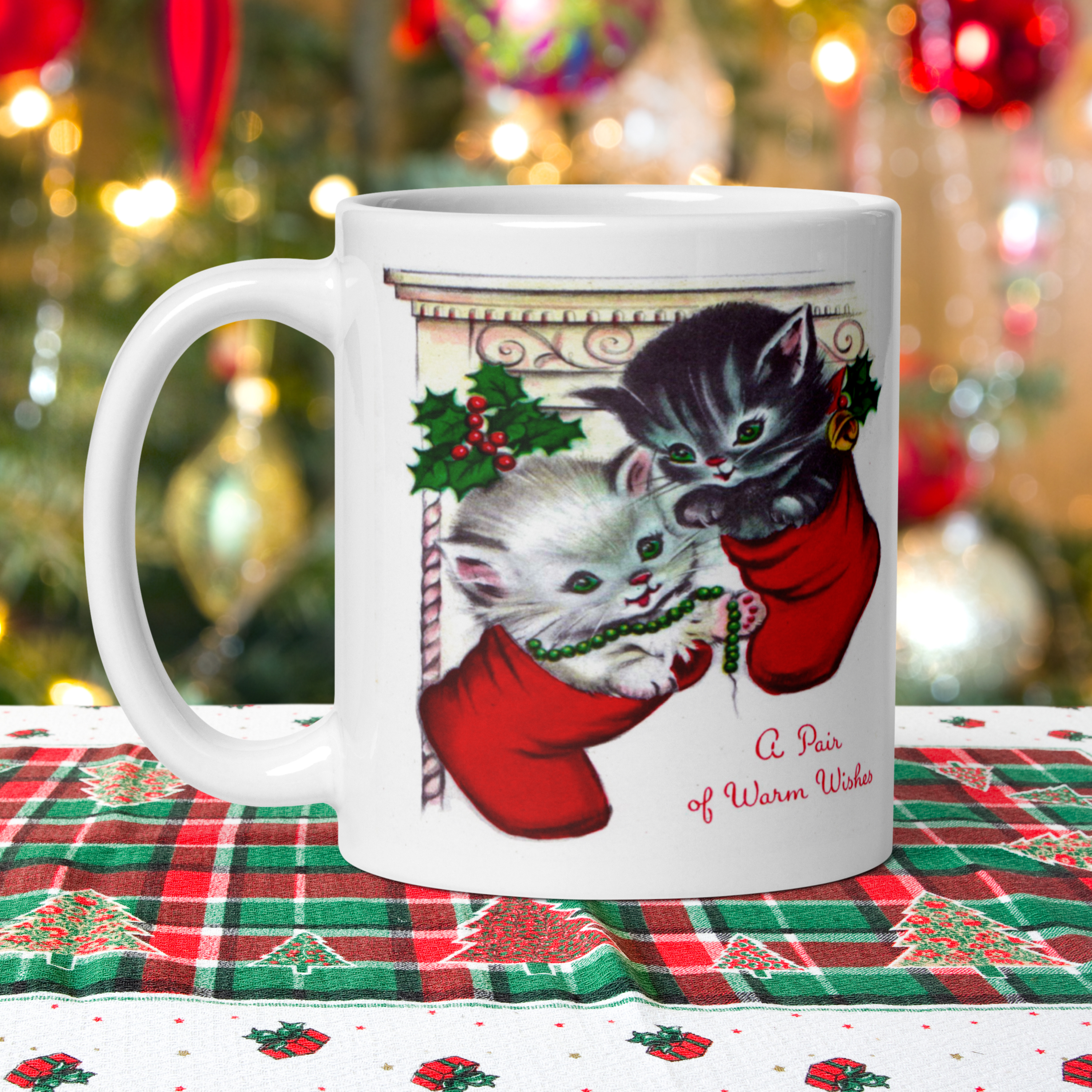 A Pair Of Warm Wishes Kittens In Stockings Retro Vintage Christmas Print Glossy Coffee Mug