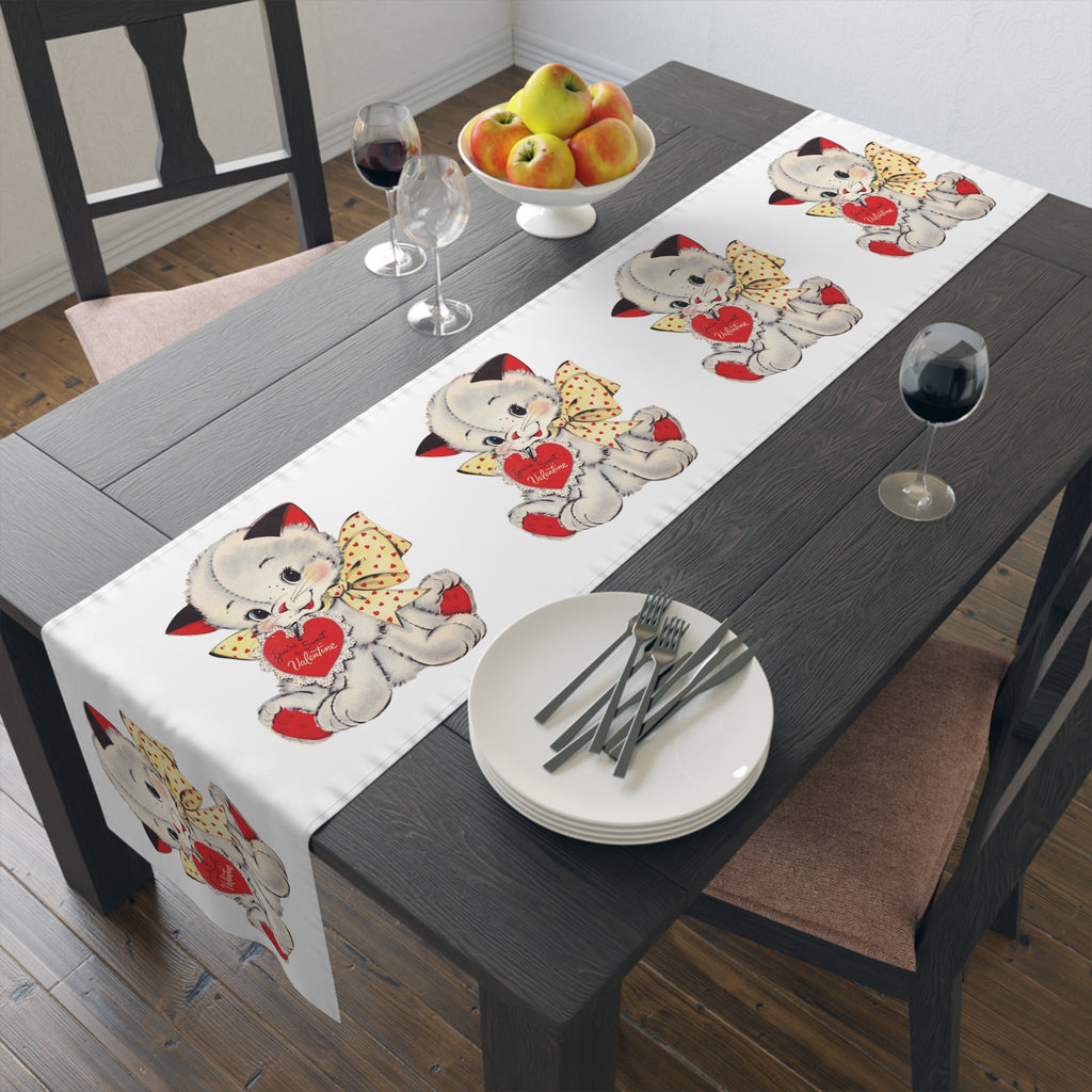 Mid Century Kitten Valentine Table Runner - Retro Print in Natural Cotton or Quick-Dry Polyester - 16"x72" or 16"x90" Sizes