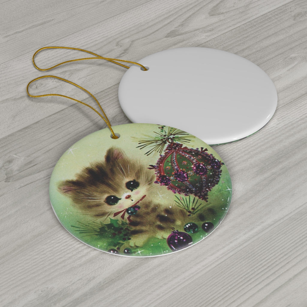 Christmas Kitten With Ornament Retro Christmas Print Ceramic Ornament