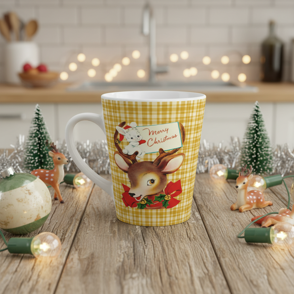 Merry Christmas Reindeer And Bunny Yellow Plaid Mid Century Retro Christmas Latte Mug