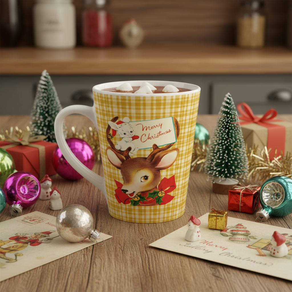 Merry Christmas Reindeer And Bunny Yellow Plaid Mid Century Retro Christmas Latte Mug