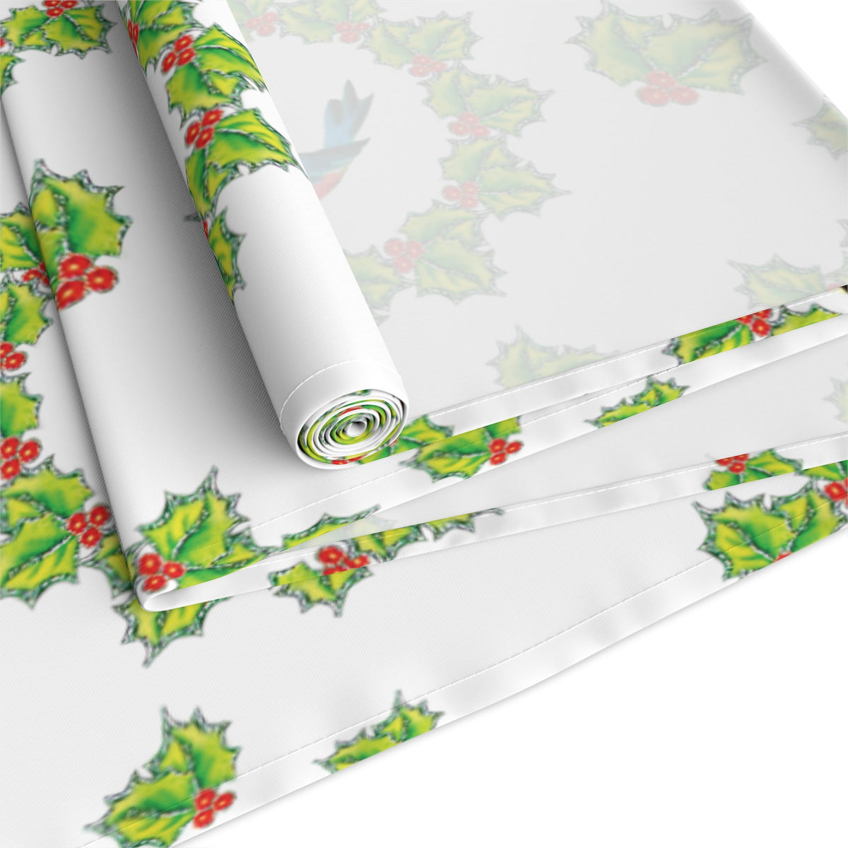Christmas Bluebirds And Reindeer In Holly Berry Wreath Mid Century Retro Christmas Print Home Decor Cotton Poly Table Runner
