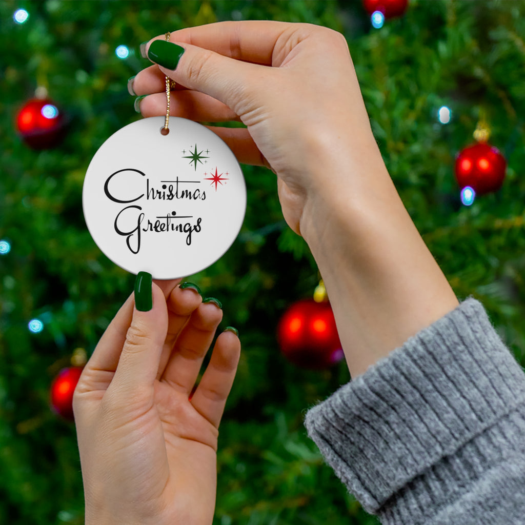 Christmas Greetings Starburst Atomic Mid Century Retro Christmas Print Ceramic Ornament