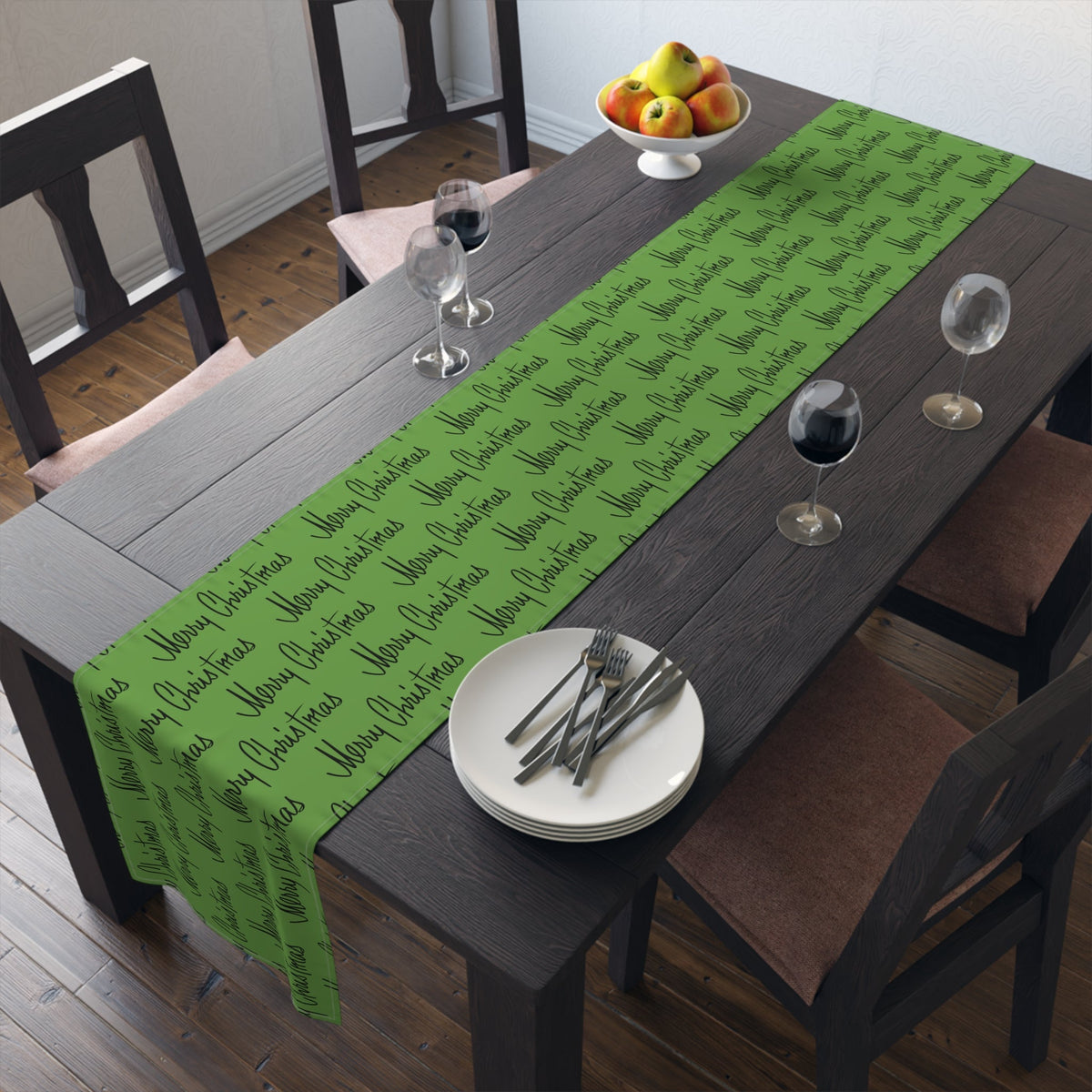 Merry Christmas Mid Century Retro Style Green Christmas Print Home Decor Cotton Poly Table Runner