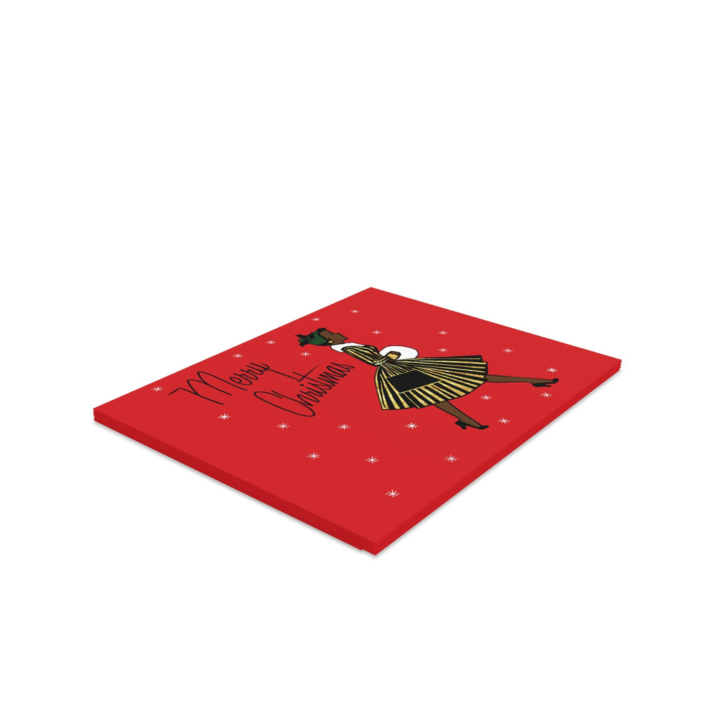 Merry Christmas Lady In Snow Mid Century Retro Christmas Print Red Matte Greeting Cards (8, 16, and 24 pcs)