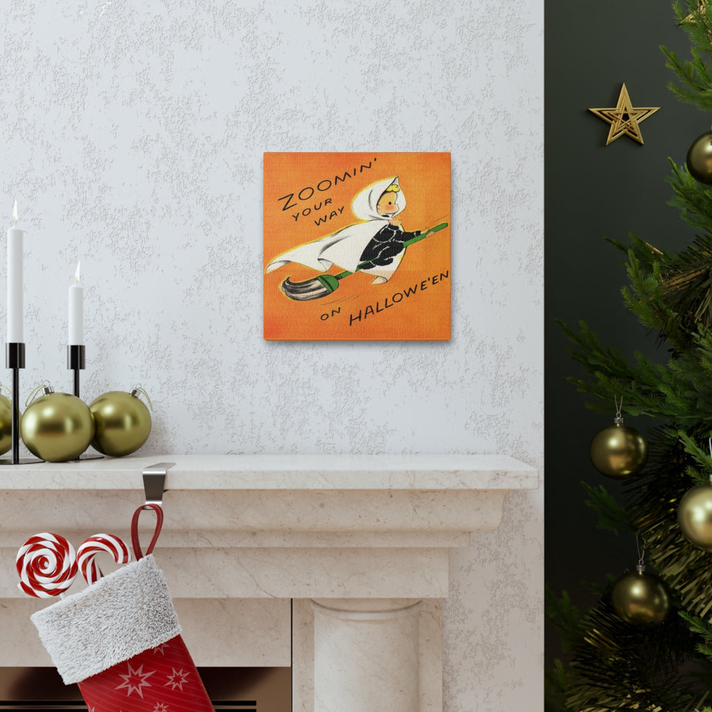 Zoomin' Your Way On Halloween Orange Witch On Broom Retro Halloween Decor Print Canvas Gallery Wrap