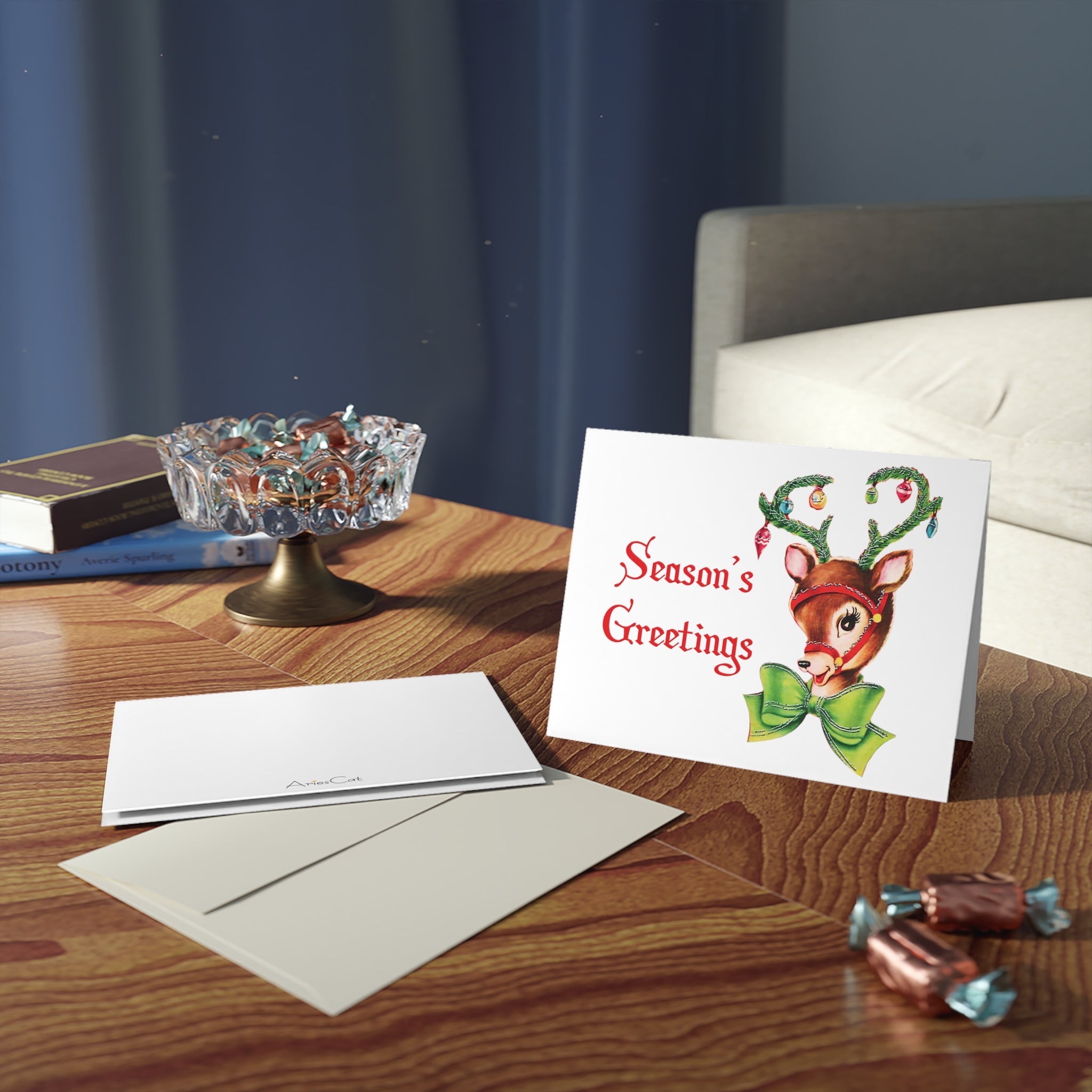 Season's Greetings Reindeer Ornament Tinsel Antlers Mid Century Retro Christmas Print Matte Greeting Cards (8, 16, and 24 pcs)